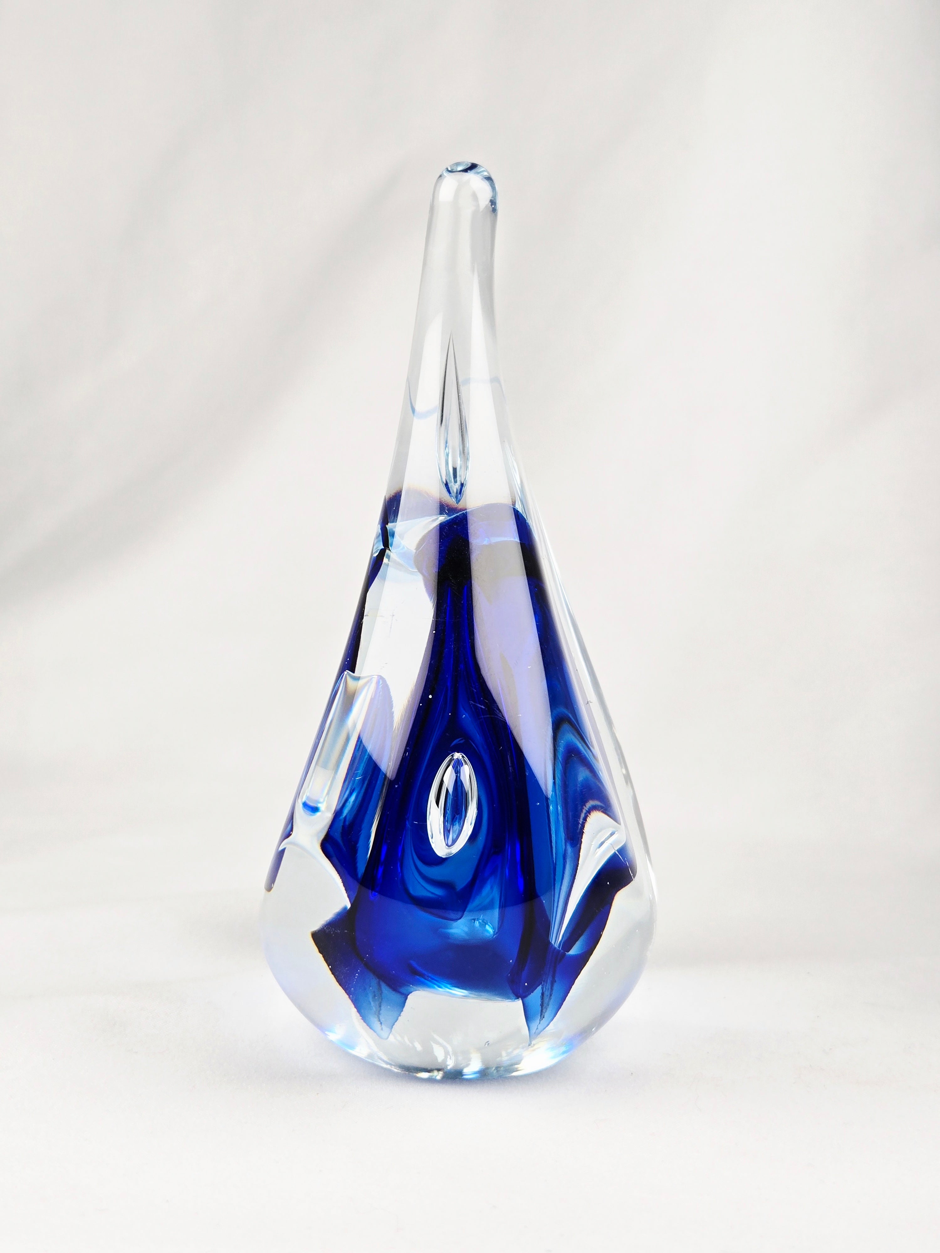 Signed AJ Blue Art Glass Teardrop Paperweight — Cobalt Core Handblown Studio Glass Sculpture -6.5"
