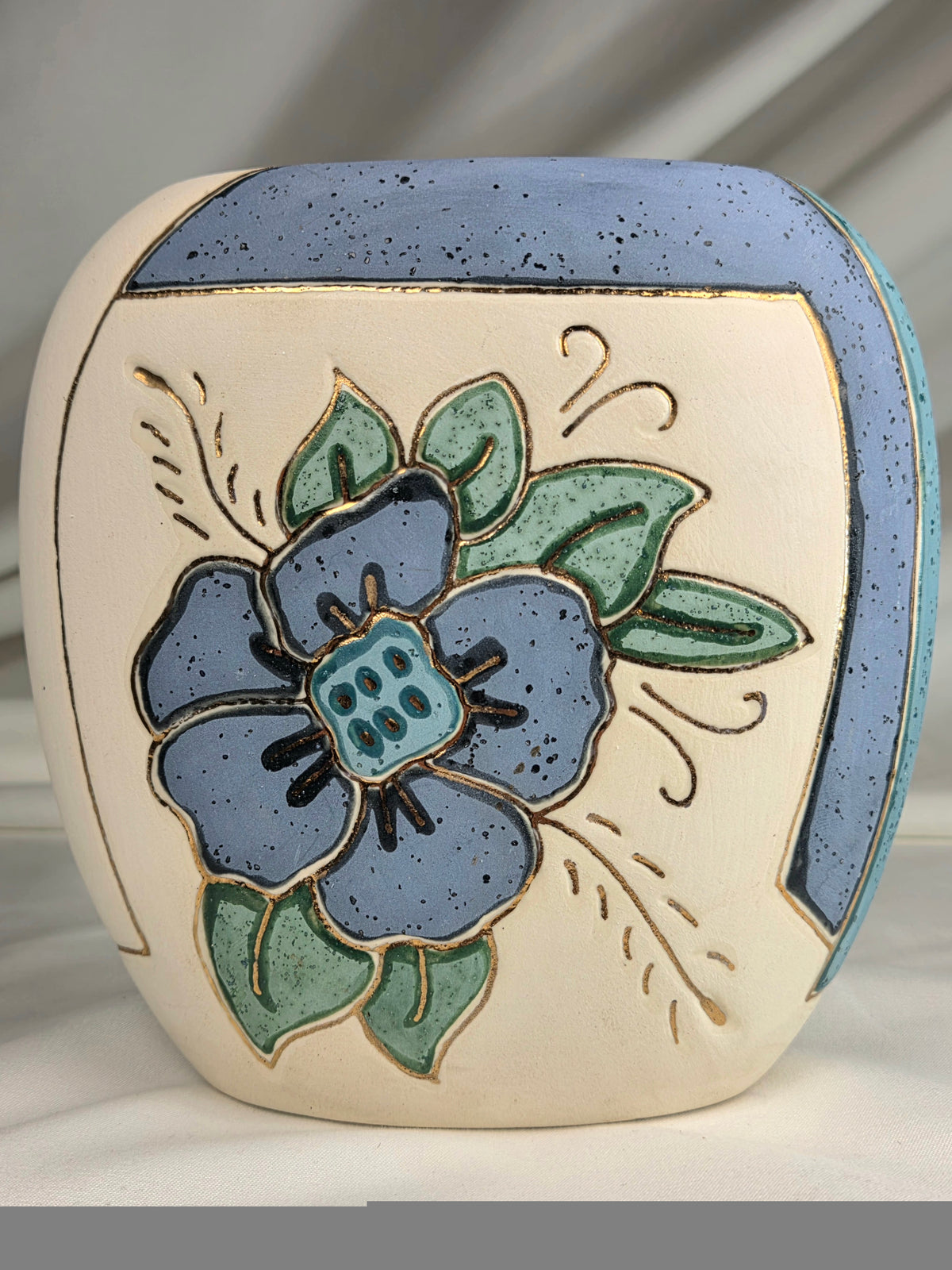 Vintage Artist-Signed Studio Pottery Floral Vase Blue Green Gold Ceramic