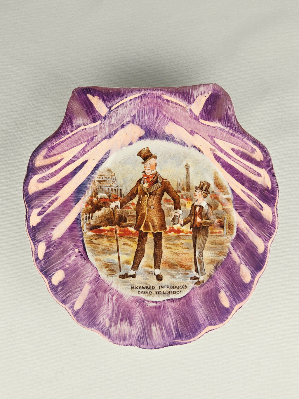 Lancaster & Sandland England Vintage Lusterware Dish – Dickens “Micawber Introduces David to London” Purple Collector Piece