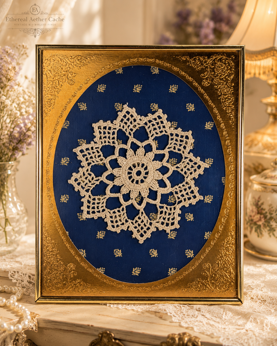 Vintage Framed Crochet Doily Wall Art Blue Gold Decorative Hanging Picture