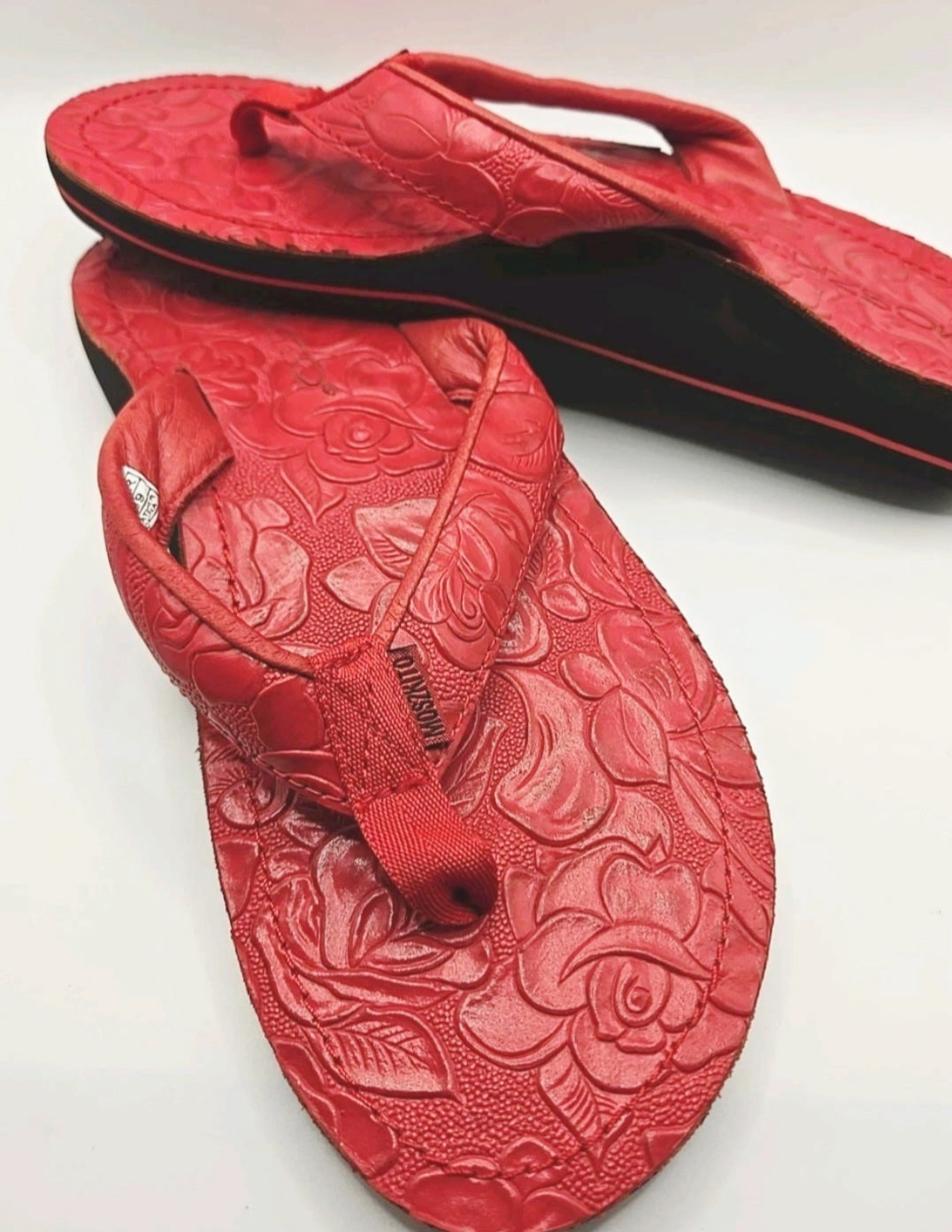 Moszkito Red Leather Floral Embossed Wedge Flip Flop Sandals Women’s 8 EU 39