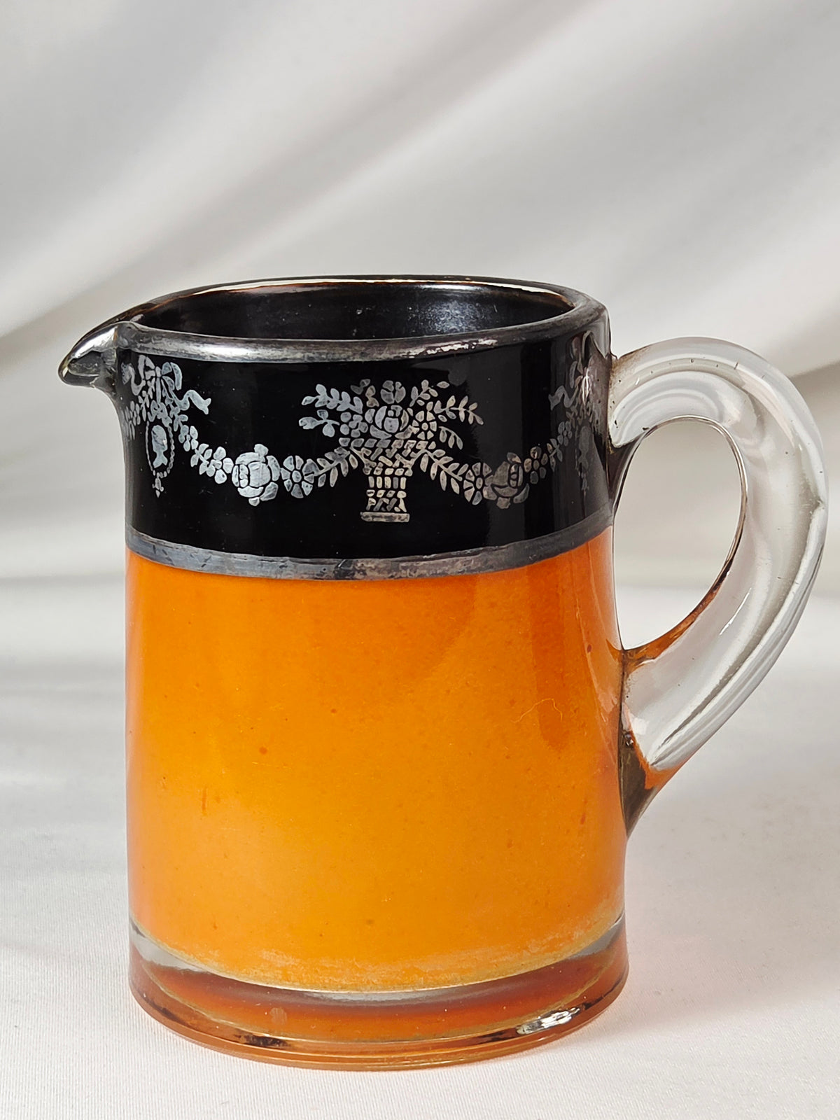 Vintage Orange Black Glass Creamer & Sugar Bowl Set Silver-Tone Floral Overlay