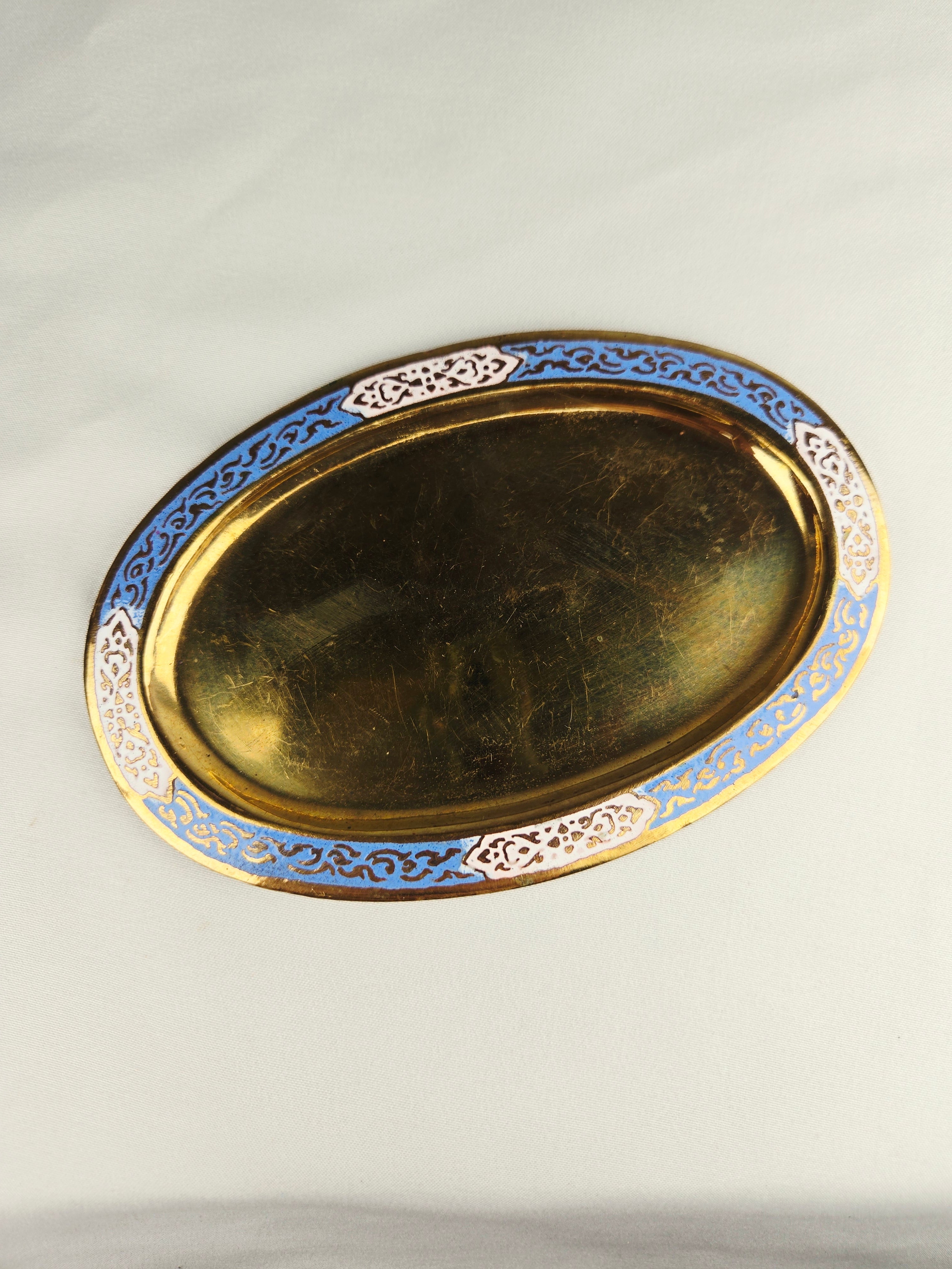 Thialand Blue Enamel & Brass Vintage Condiment Tray with Toothpick Holder – Mid-Century Salt & Pepper Set Base | Hollywood Regency Tableware