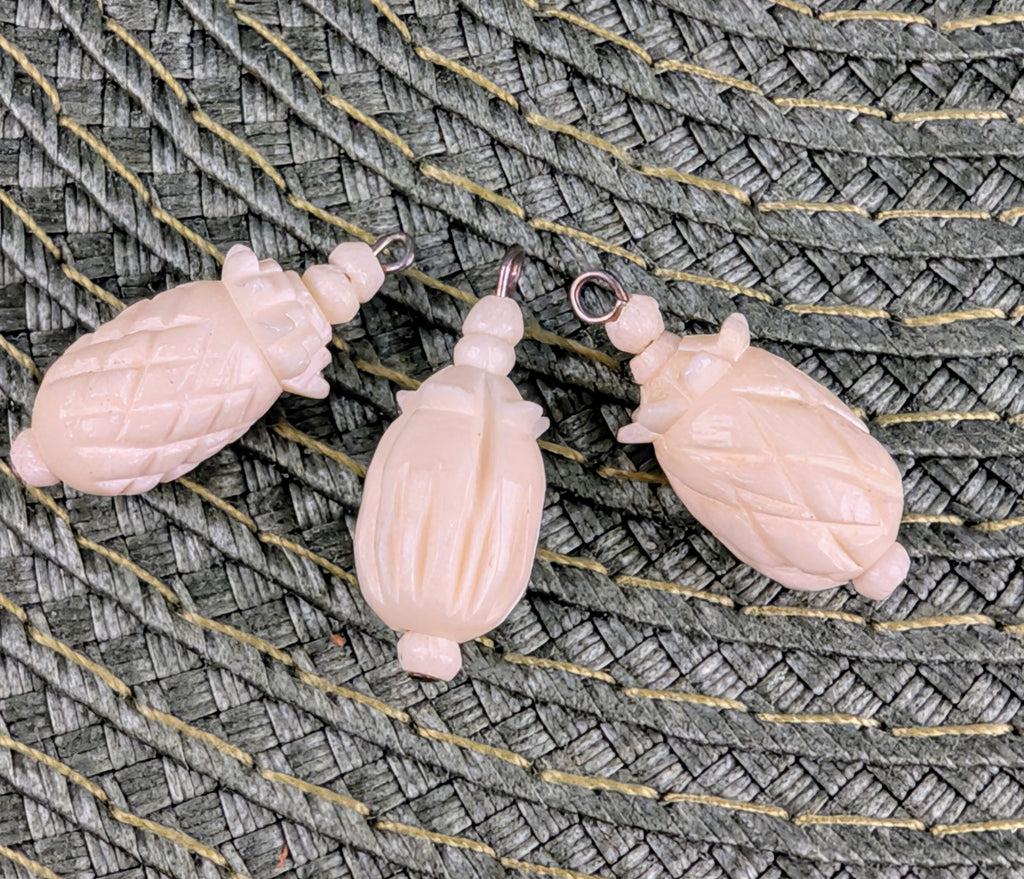 Vintage Hand Carved Pale Peach Stone Pineapple & Seed Pod Pendant Charm Trio Set