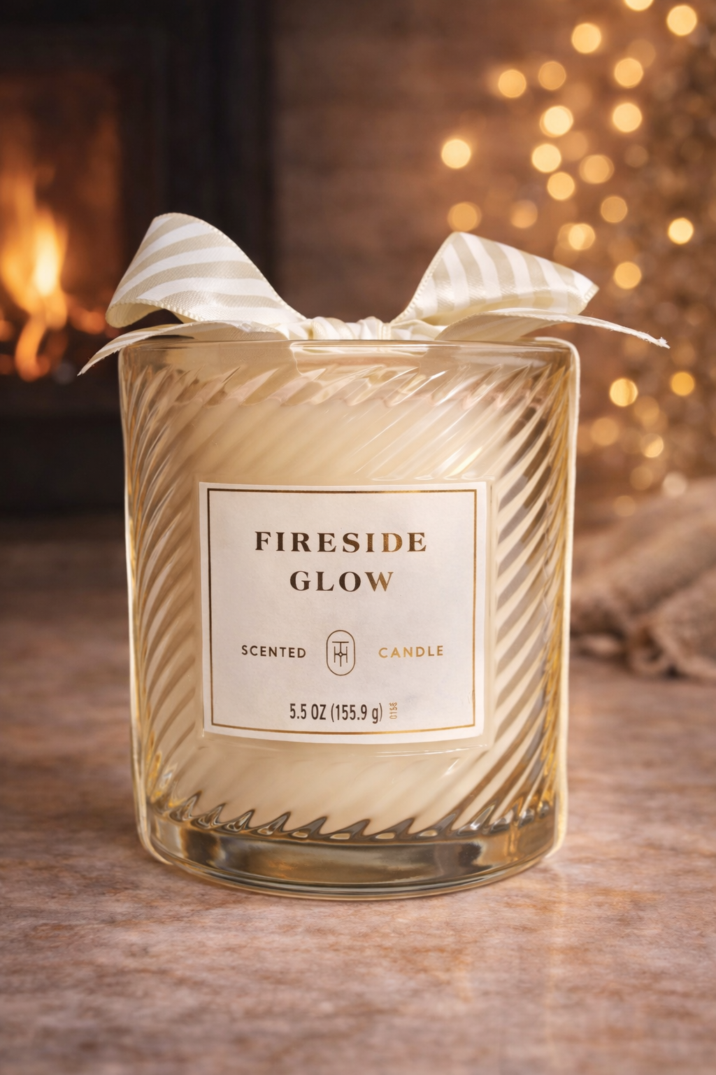 Fireside Glow Scented Candle 5.5 oz Textured Glass Jar Ribbon Bow Decorative Home Candle