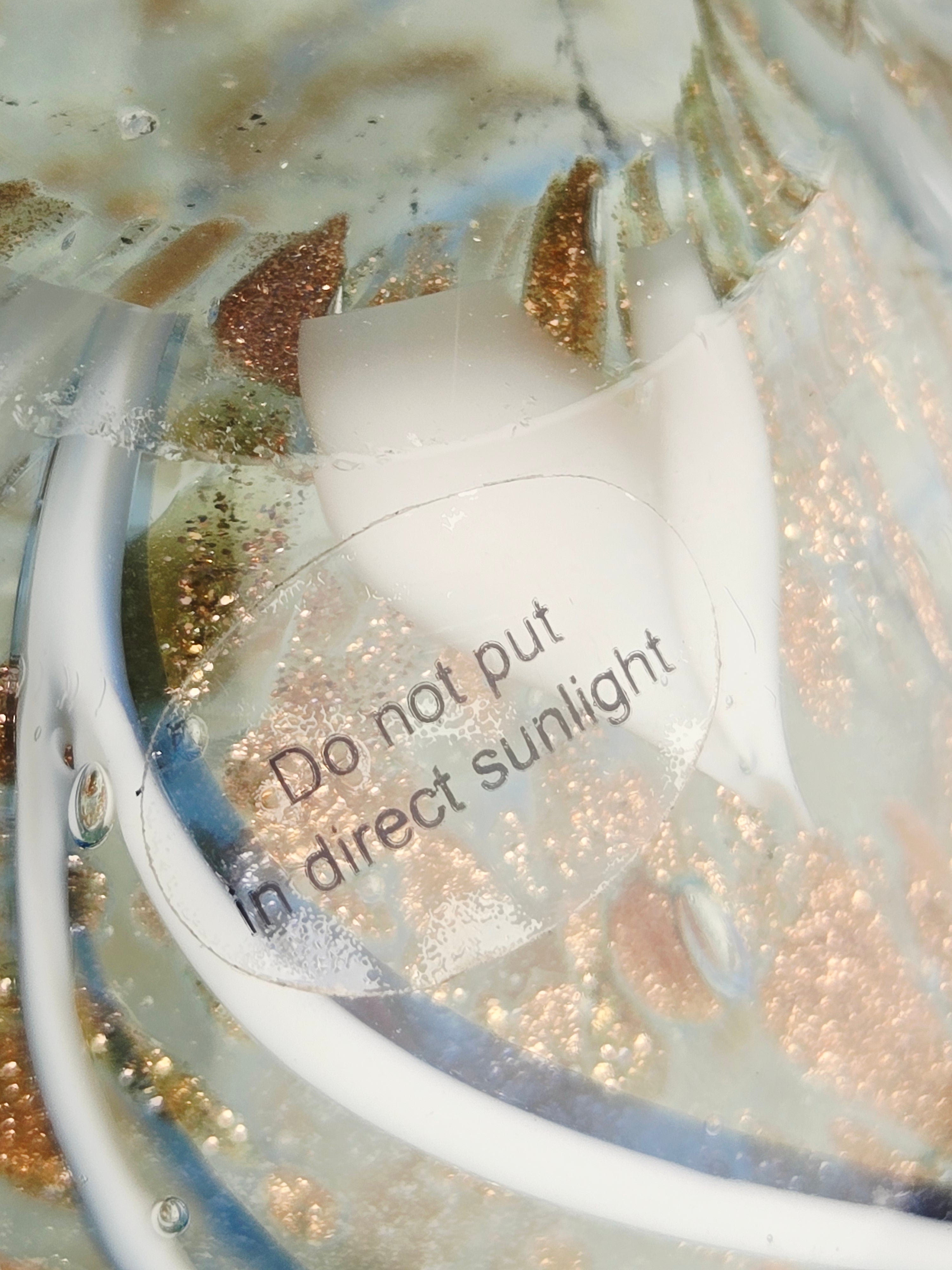 Handblown Art Glass Orb Paperweight — Blue Ribbon Swirl with Gold Fleck Interior