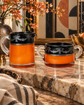 Vintage Orange Black Glass Creamer & Sugar Bowl Set Silver-Tone Floral Overlay