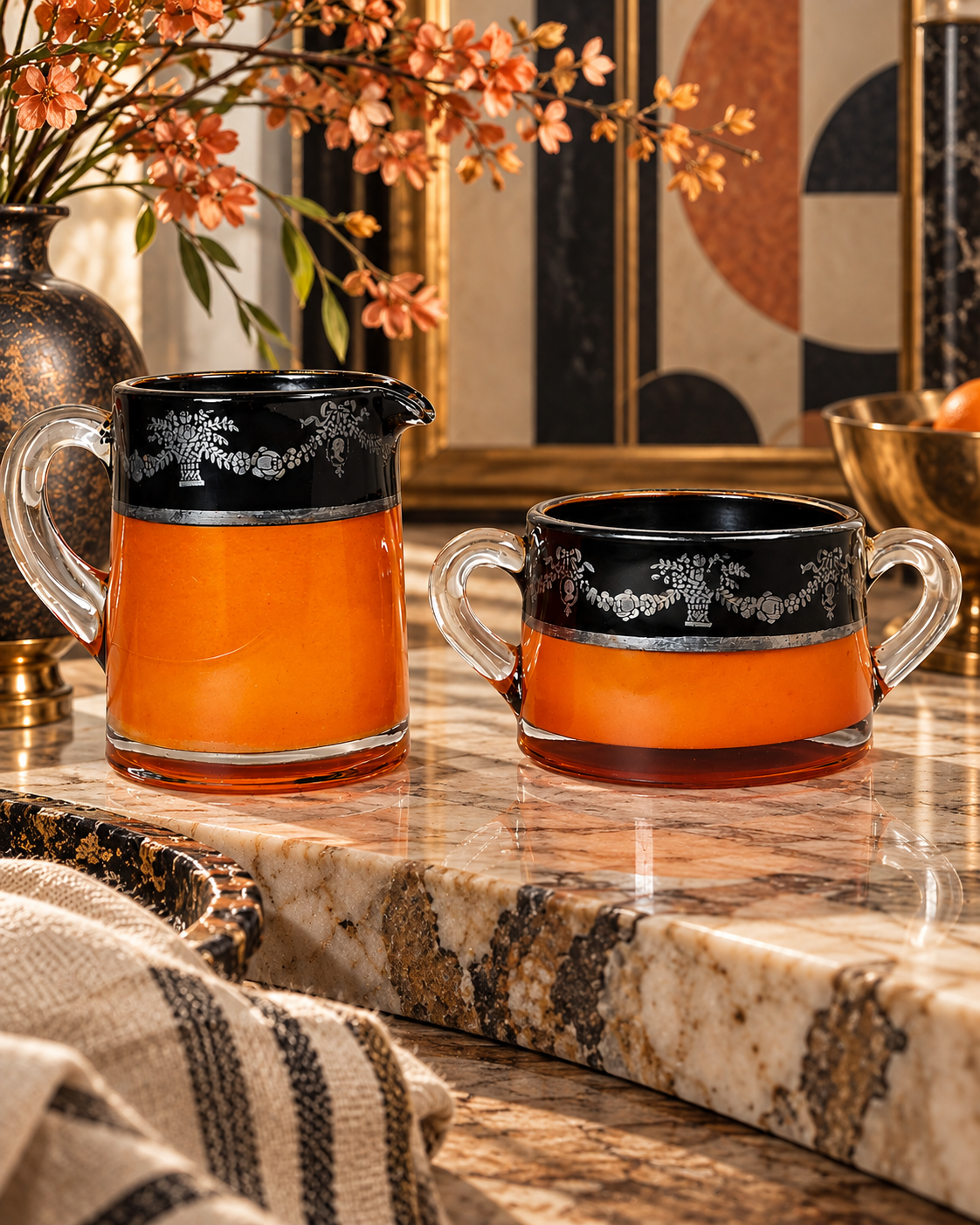 Vintage Orange Black Glass Creamer & Sugar Bowl Set Silver-Tone Floral Overlay