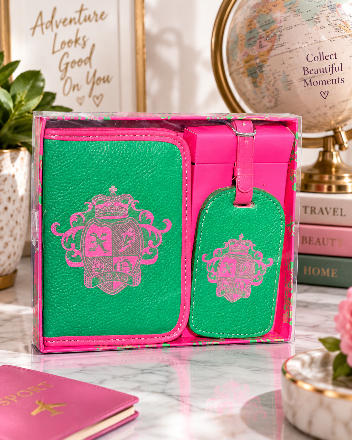 XOXO Passport Holder & Luggage Tag Travel Set Green Pink Boxed Gift Set