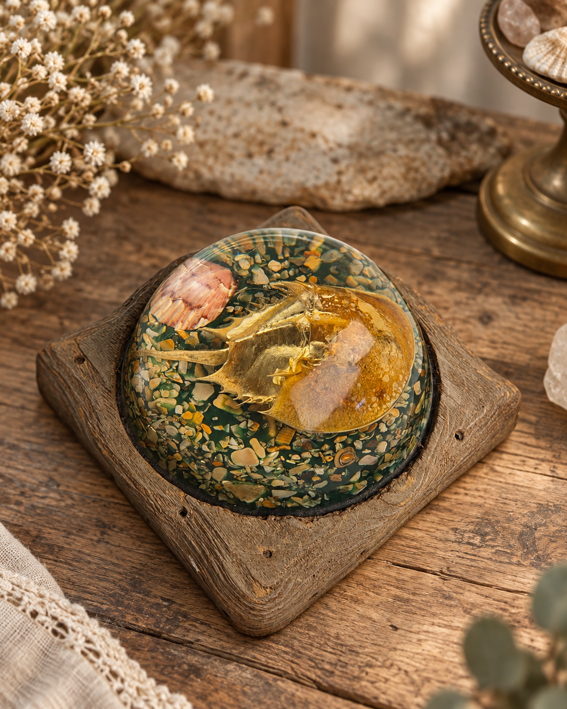 Vintage Resin Horseshoe Crab Coastal Curio Paperweight Display on Wood Base