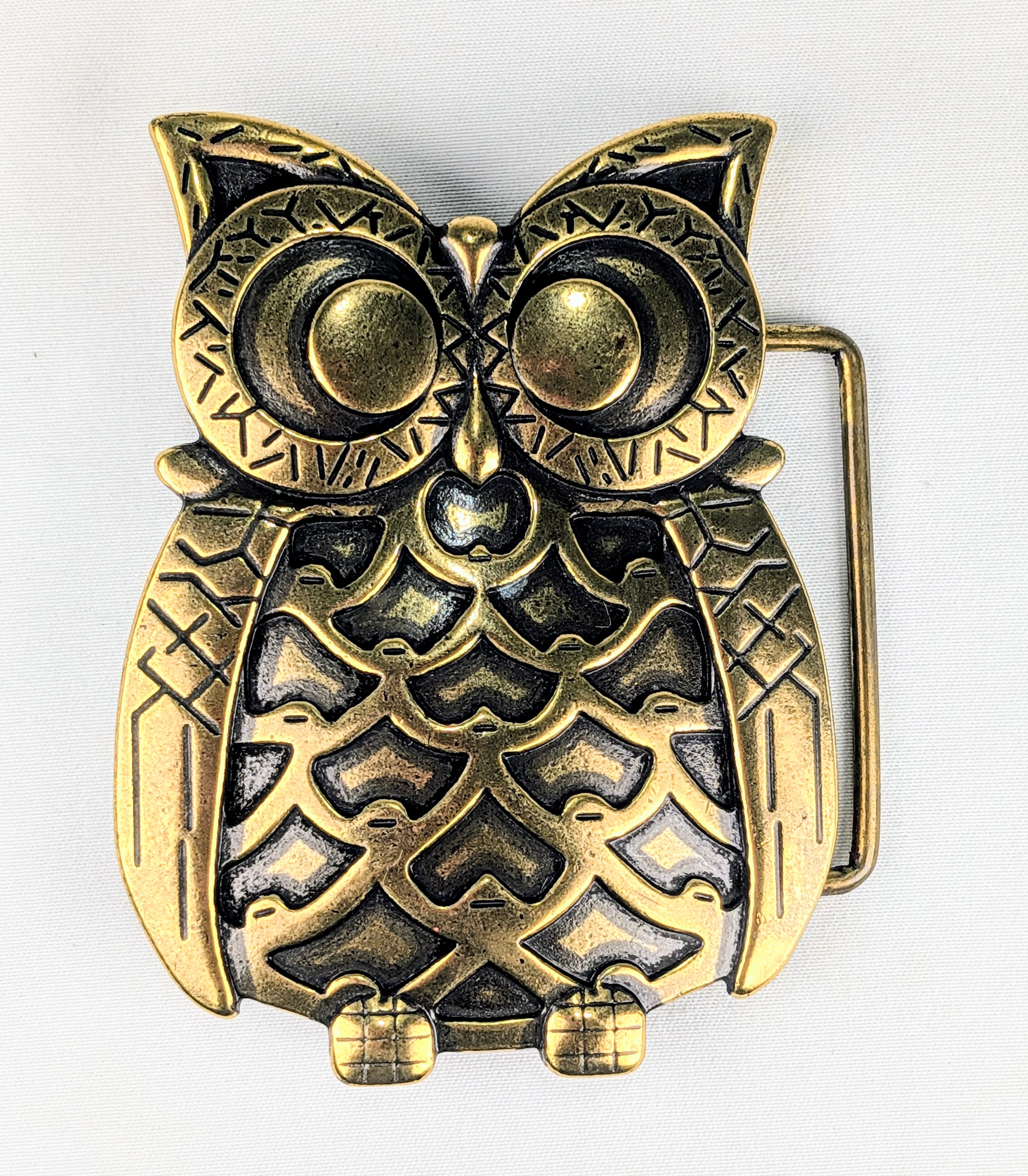 Vintage Brass Tone Owl Belt Buckle Boho Woodland Retro 70s Statement Accessory