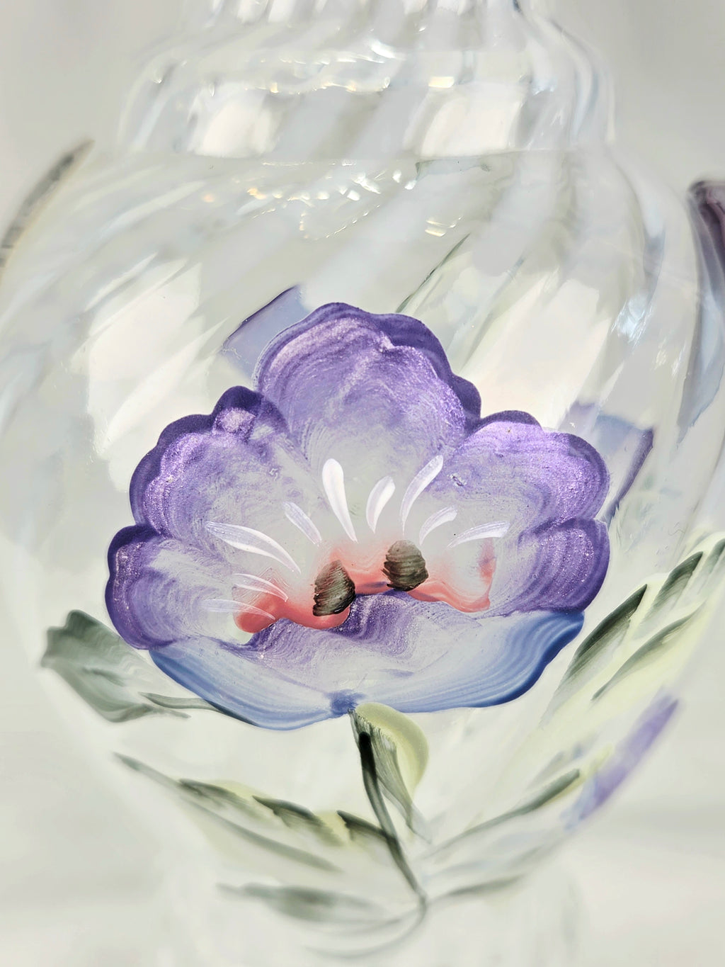 Fenton Hand Blown Hand Painted Lavender Floral Art Glass Pitcher Vase USA Signed Vintage