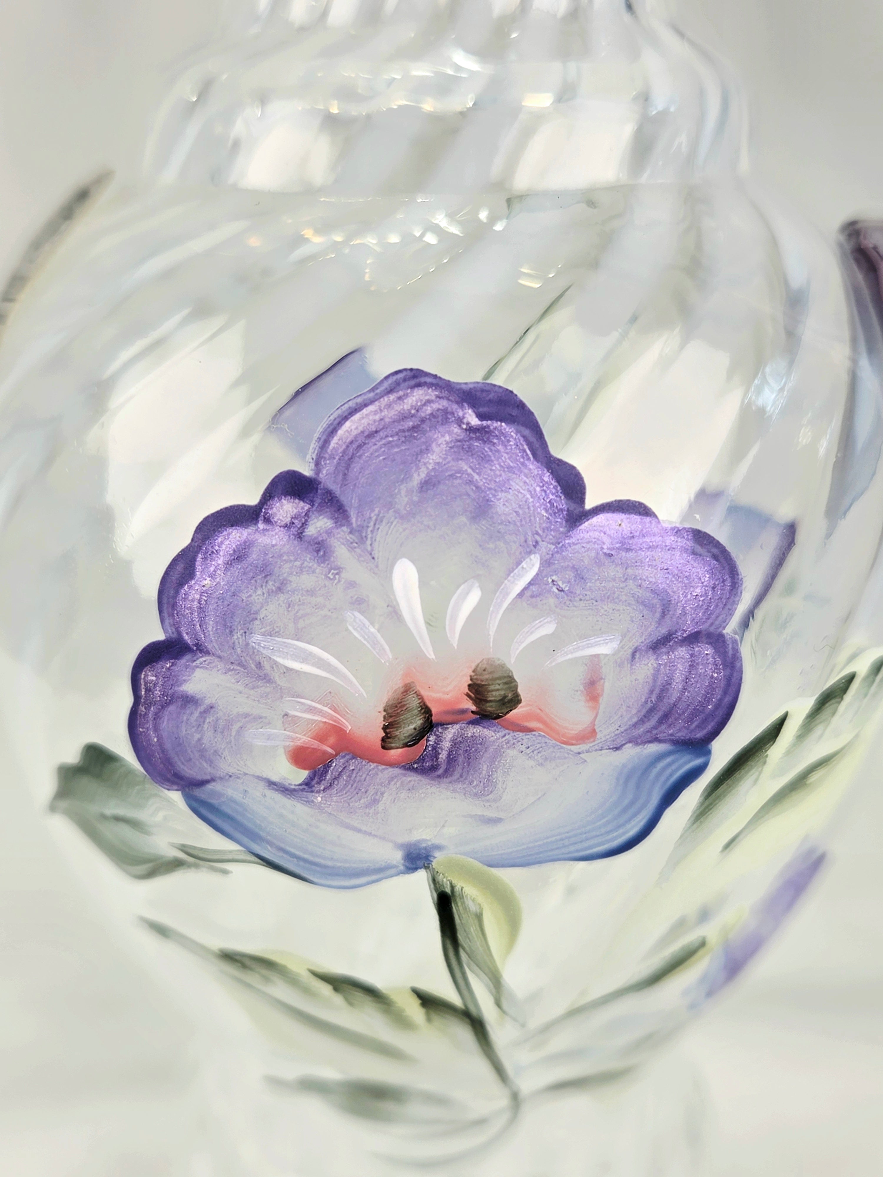 Fenton Hand Blown Hand Painted Lavender Floral Art Glass Pitcher Vase USA Signed Vintage