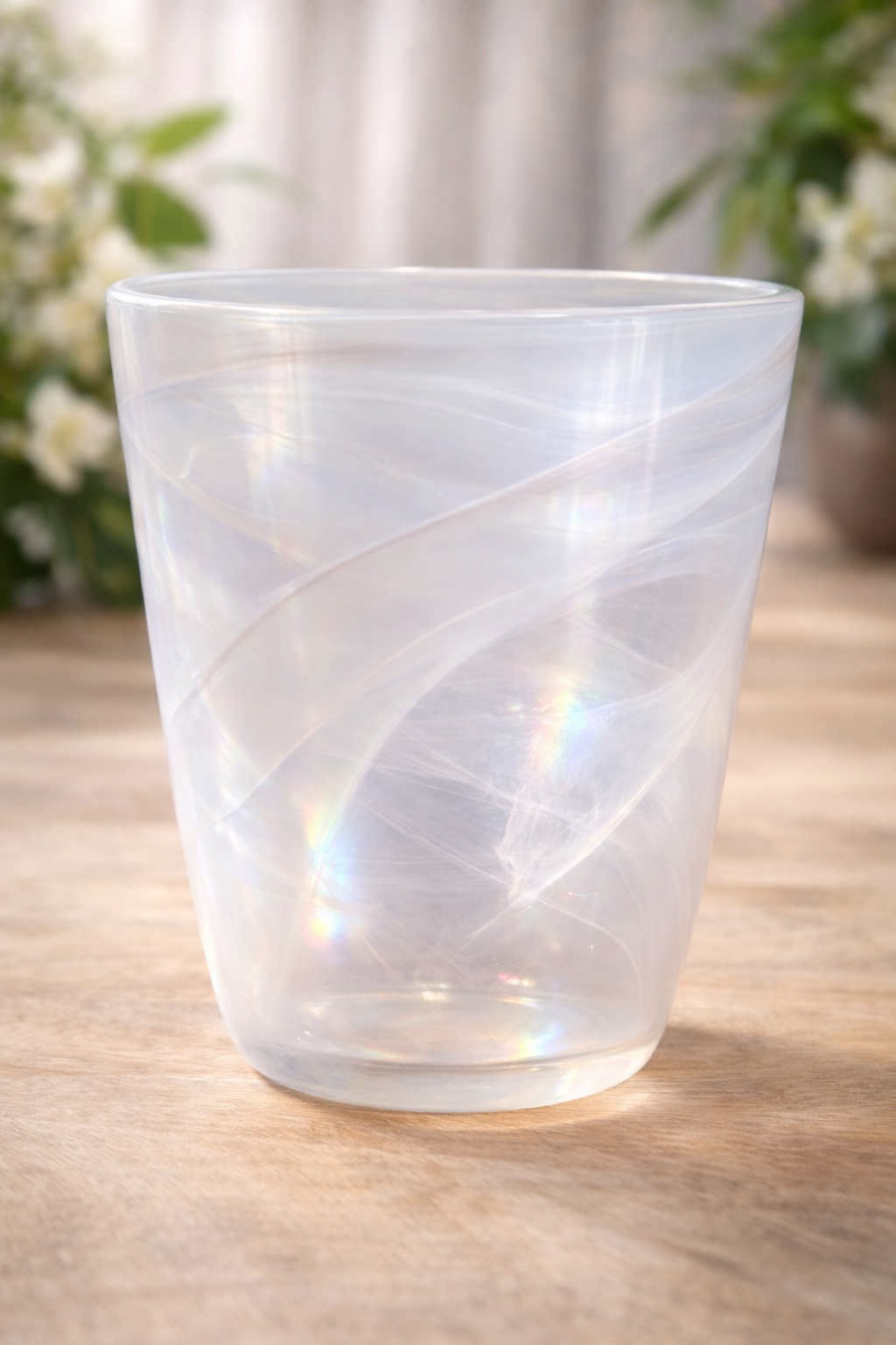 Iridescent Frosted Glass Vase – Swirl Pattern Opalescent Small Decorative Vessel