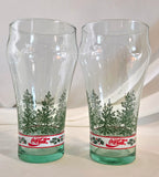 Vintage Coca-Cola Christmas Holiday Glasses Set of 2 Evergreen Tree Holly Green Base Tumblers