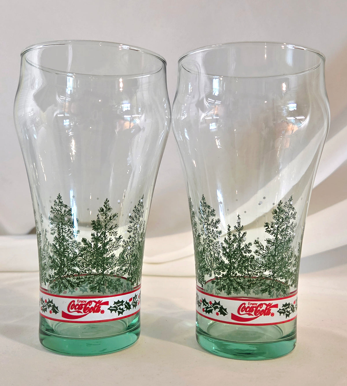 Vintage Coca-Cola Christmas Holiday Glasses Set of 2 Evergreen Tree Holly Green Base Tumblers