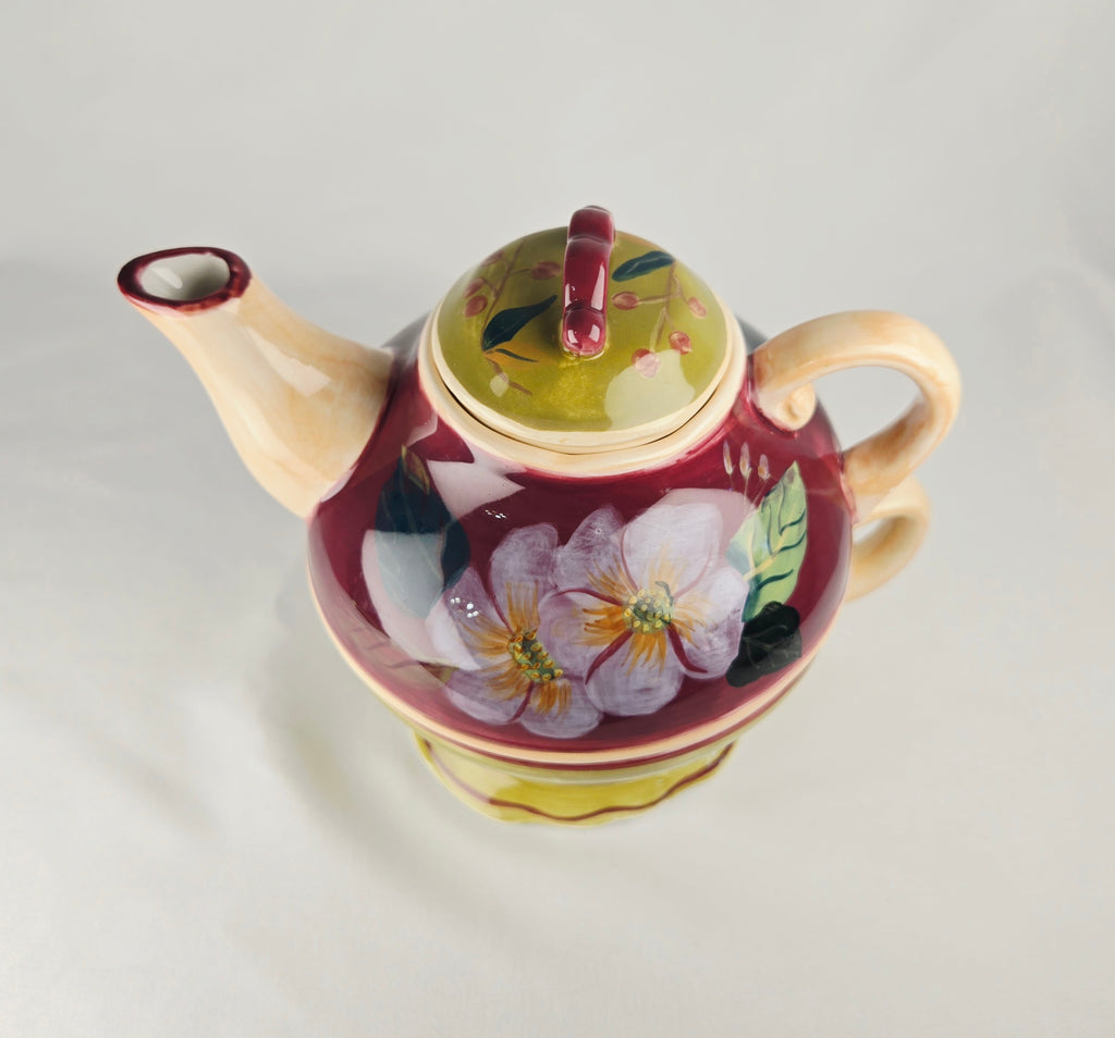 Barnes & Noble Café Floral Teapot & Matching Cup Set | Hand-Painted Stoneware |Cottage Café Style