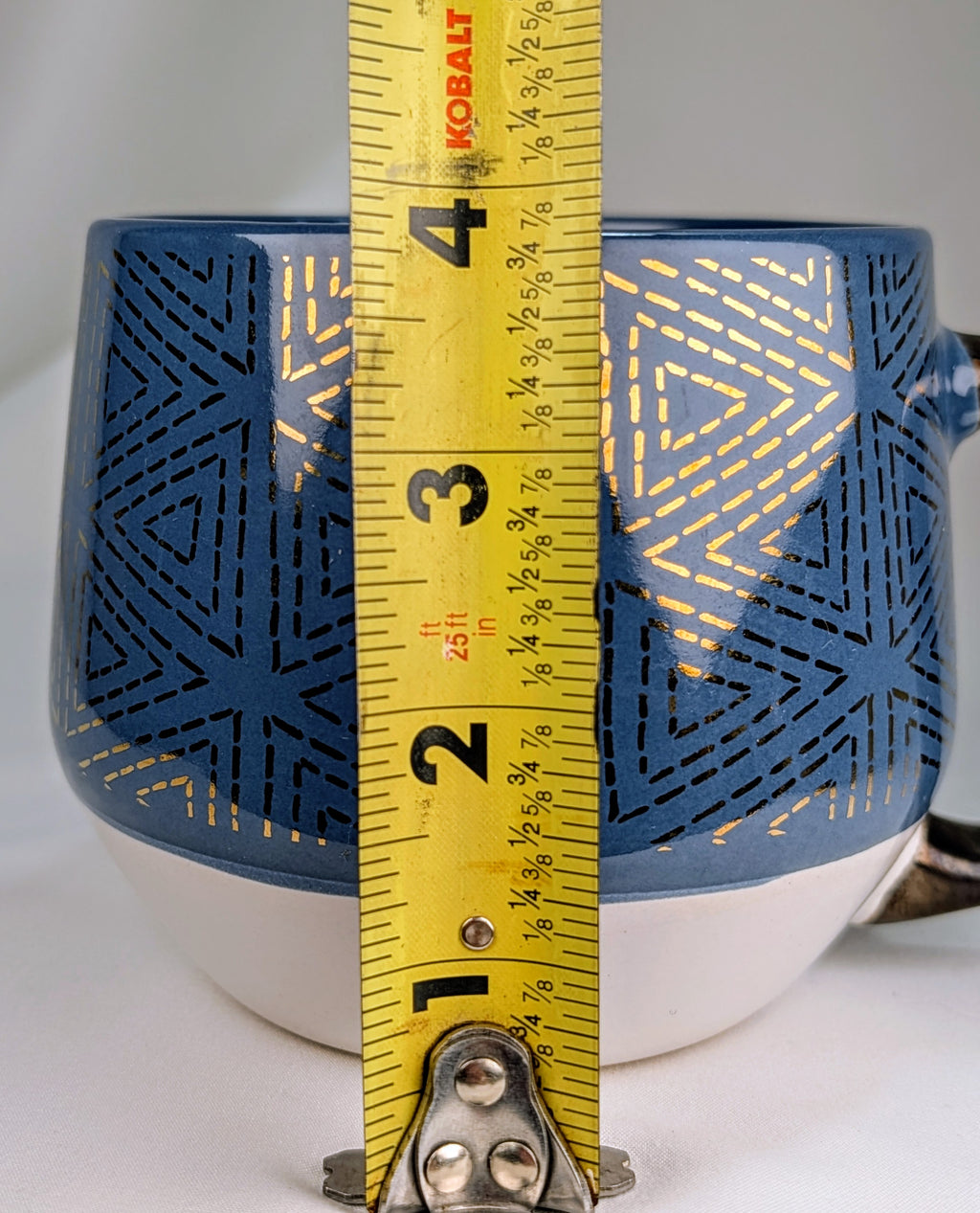 Blue Geometric Threshold Stoneware Coffee Mug Gold Accent Handle Large Cup