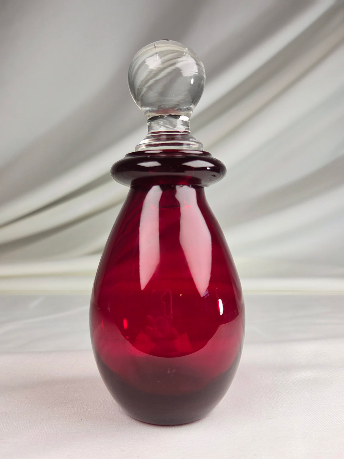Vintage Ruby Red Art Glass Perfume Bottle with Clear Ball Stopper