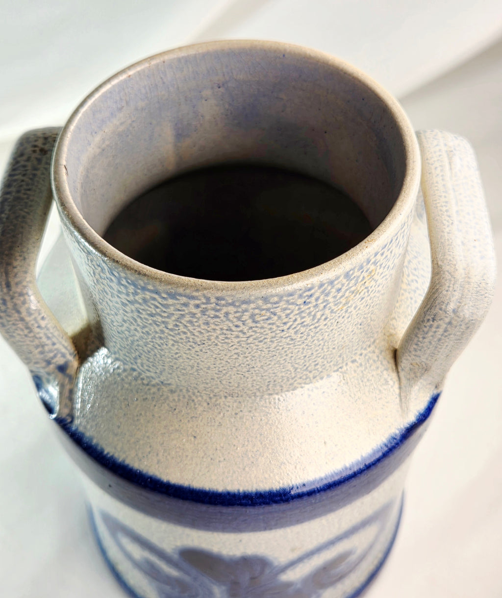 Blue & Gray Stoneware Crock Vase – Cobalt Fleur-de-Lis Double Handle Pottery