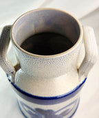 Blue & Gray Stoneware Crock Vase – Cobalt Fleur-de-Lis Double Handle Pottery