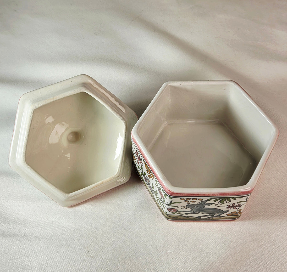 Vintage FILCER Coimbra Portugal Hand Painted Ceramic Rabbit Castle Trinket Box Hexagonal