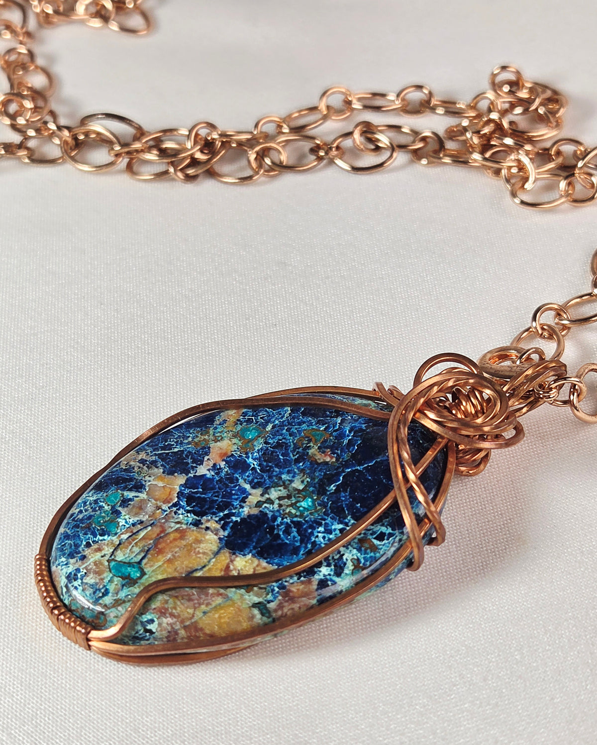 Shattuckite Azurite Stone Wire-Wrapped Pendant Necklace – Copper-Tone Chain – Blue Statement Jewelry