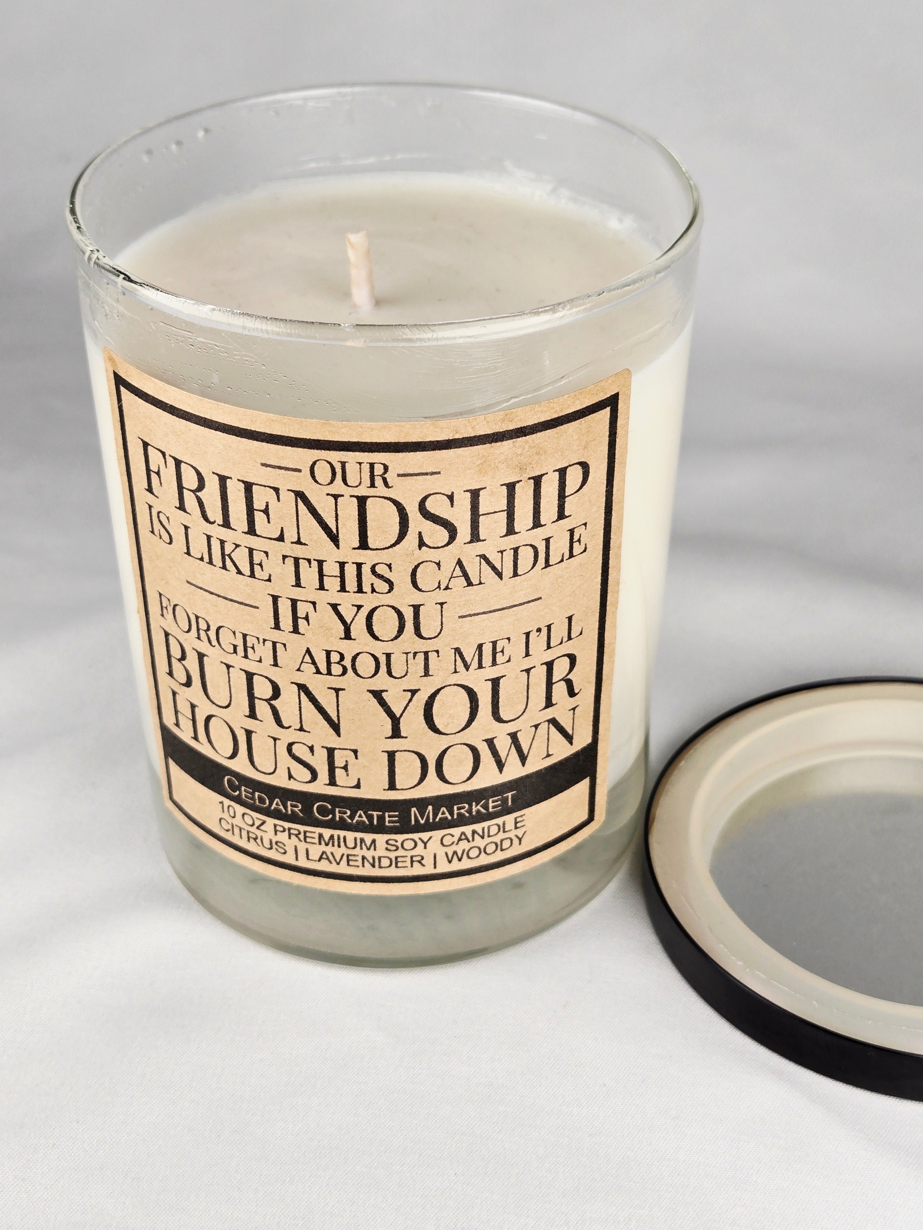 Cedar Crate Market “Our Friendship Is Like This Candle” 10 oz Premium Soy Candle Citrus Lavender Woody Funny Friendship Candle