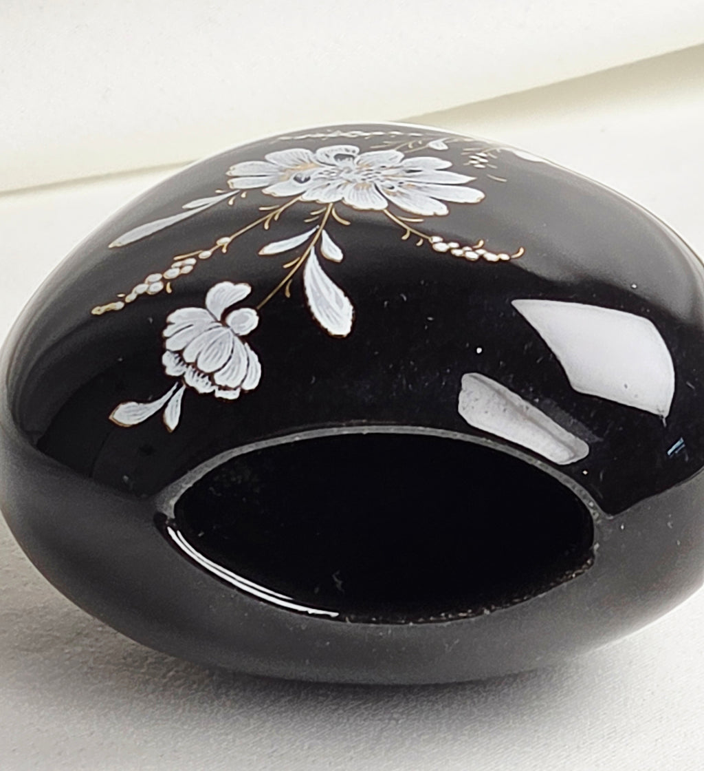 Miniature Black Floral Vase White Flowers Gold Accents Small Vintage Style Bud Vase