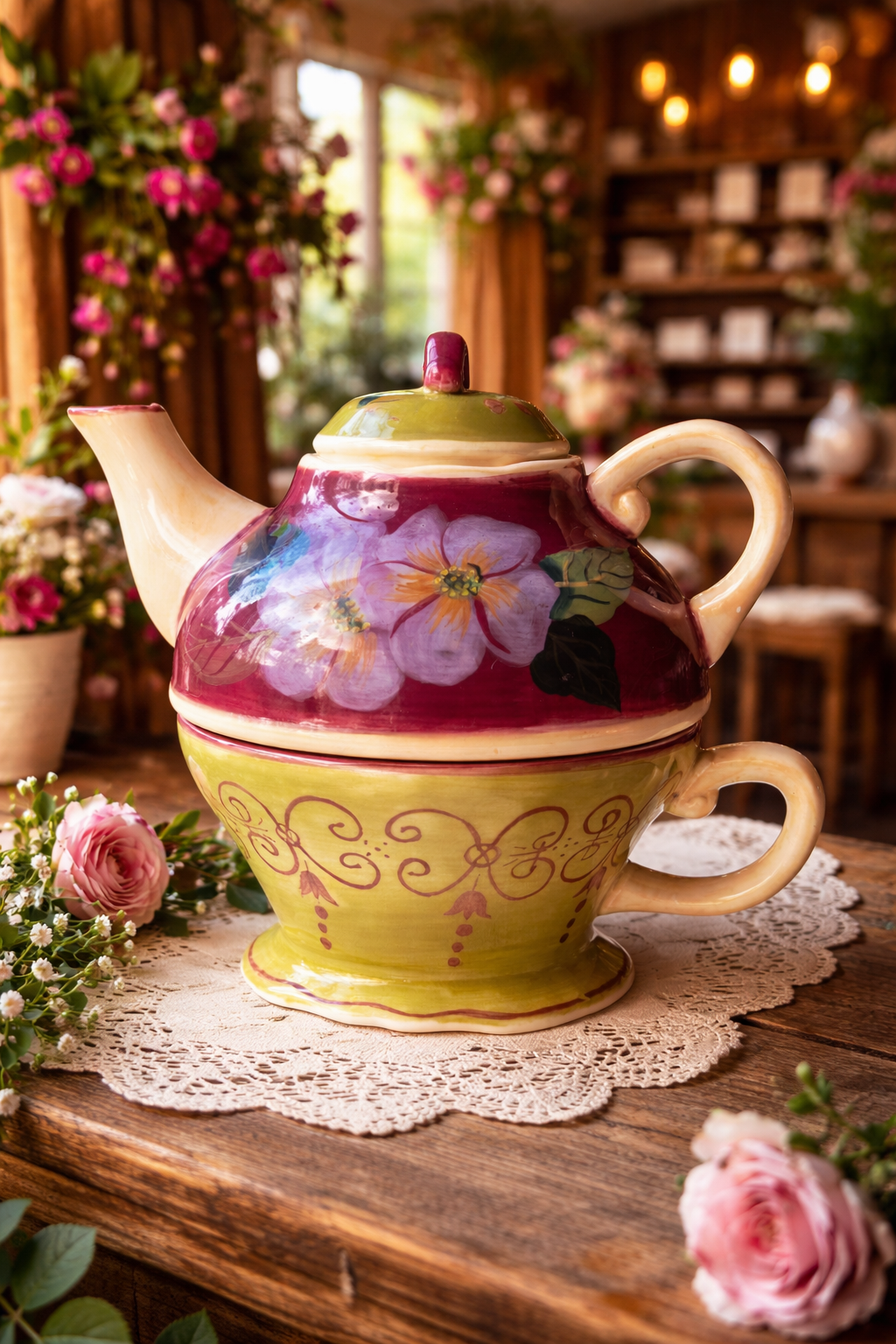 Barnes & Noble Café Floral Teapot & Matching Cup Set | Hand-Painted Stoneware |Cottage Café Style