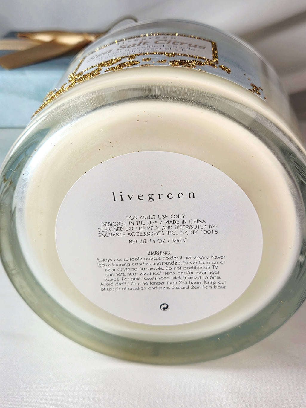 LiveGreen Sea Salt Citrus Soy Blend Candle 14 oz Three Wick Boxed Essential Oils