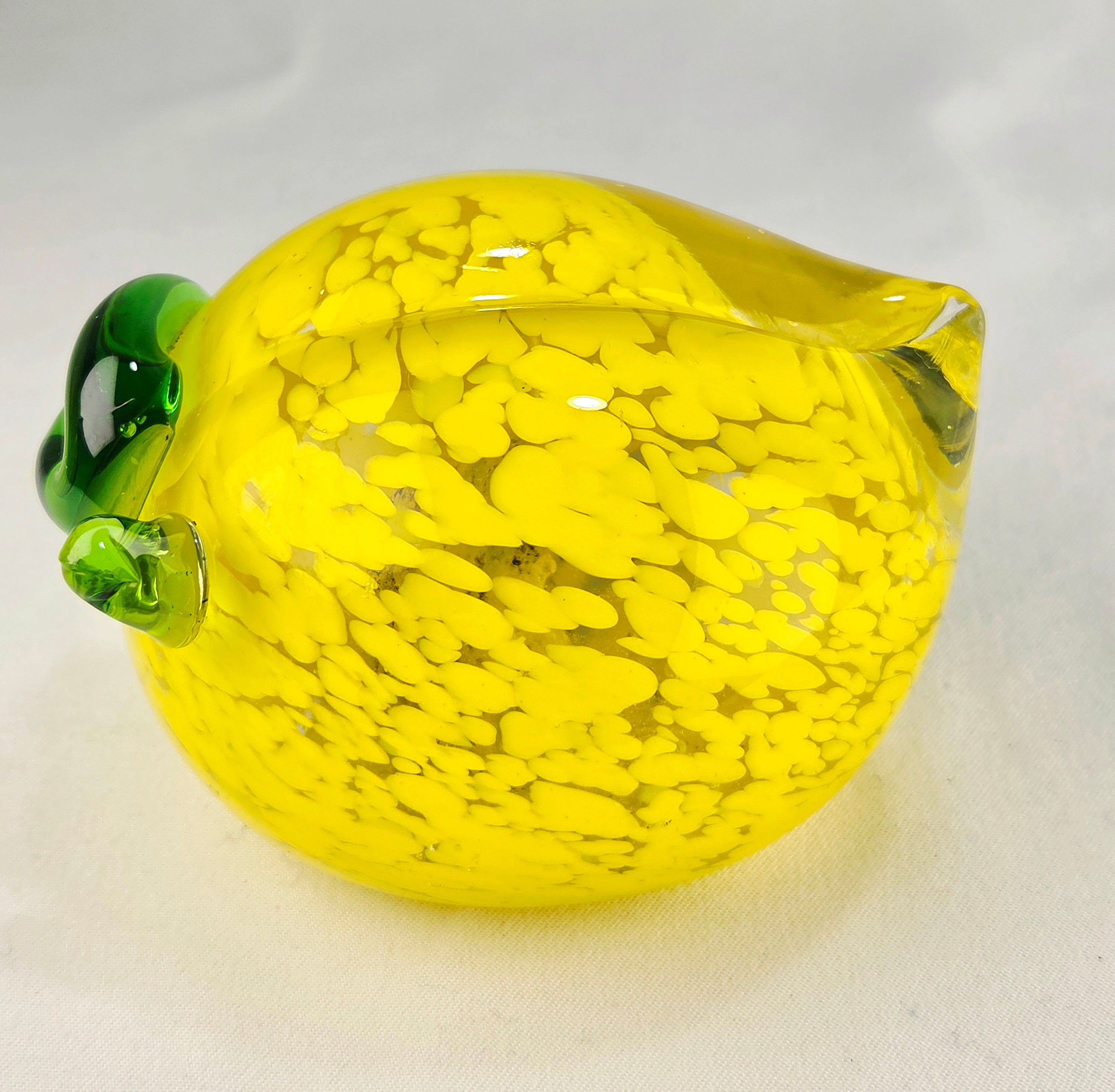 Vintage Hand Blown Art Glass Lemon Paperweight Yellow Green Decorative Fruit Figurine