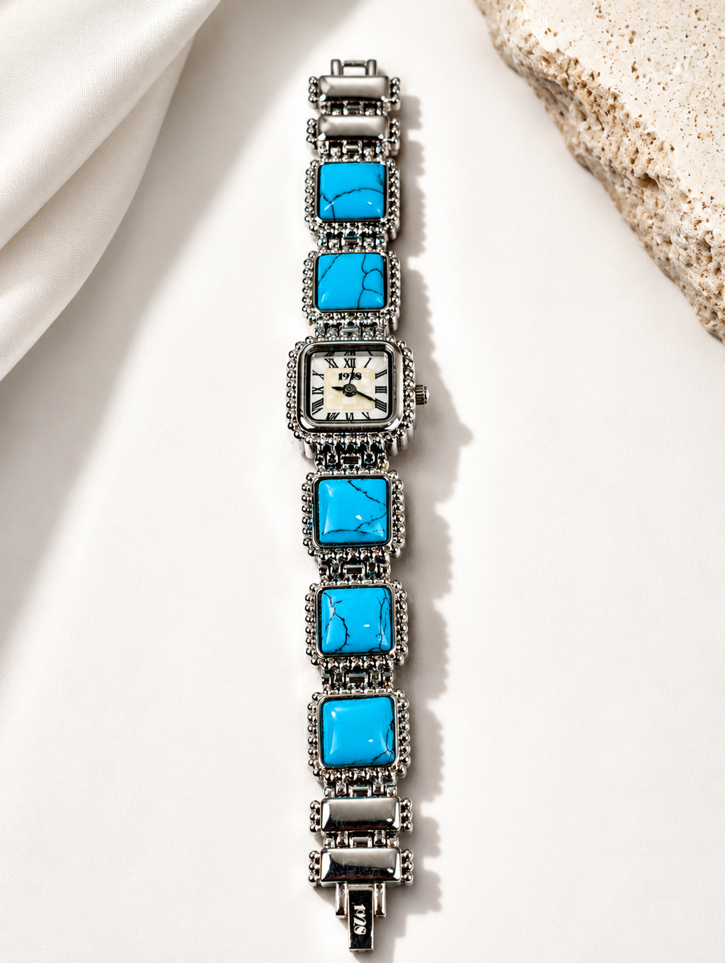 Vintage 1928 Turquoise Style Bracelet Watch Southwestern Beaded Silver Tone