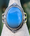 Vintage Sterling Silver Blue Chalcedony Ring Size 5 Art Deco Style Statement Ring