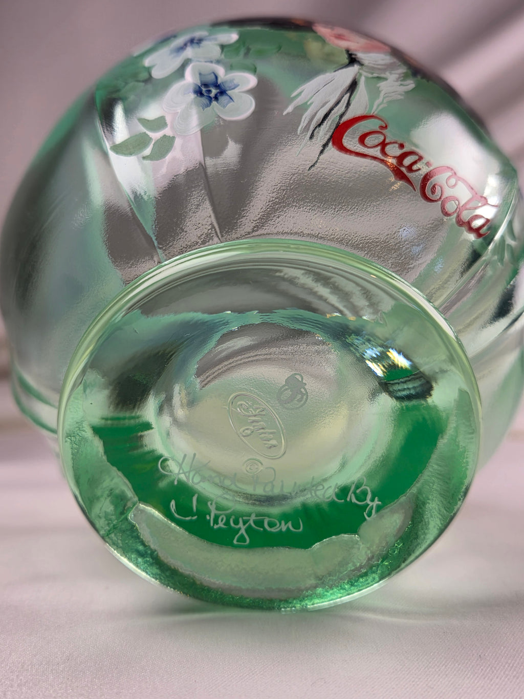Fenton Green Opalescent Coca-Cola Gibson Girl Hand-Painted Rose Bowl