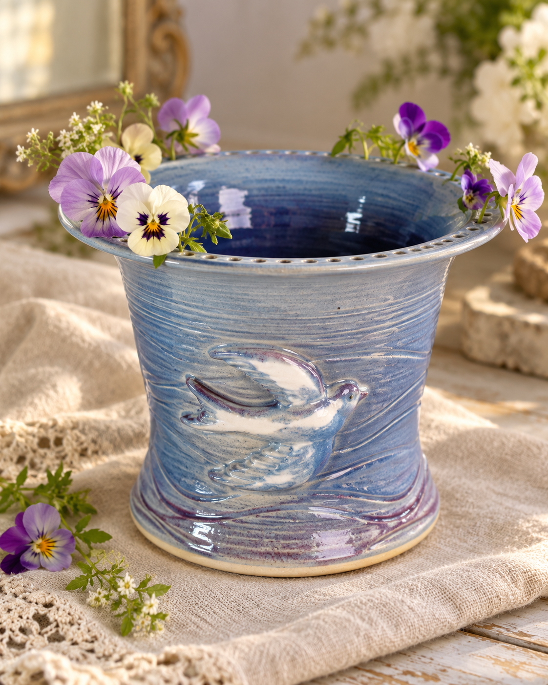 Signed Robbs Studio Pottery Pansy Ring Flower Frog Vase – Blue Bird Relief
