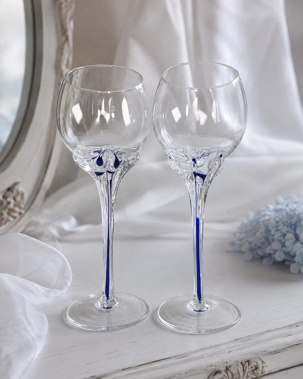 Pair Tall Cobalt Blue High Quality Wine Goblets | Art Glass Stemware 10.5"