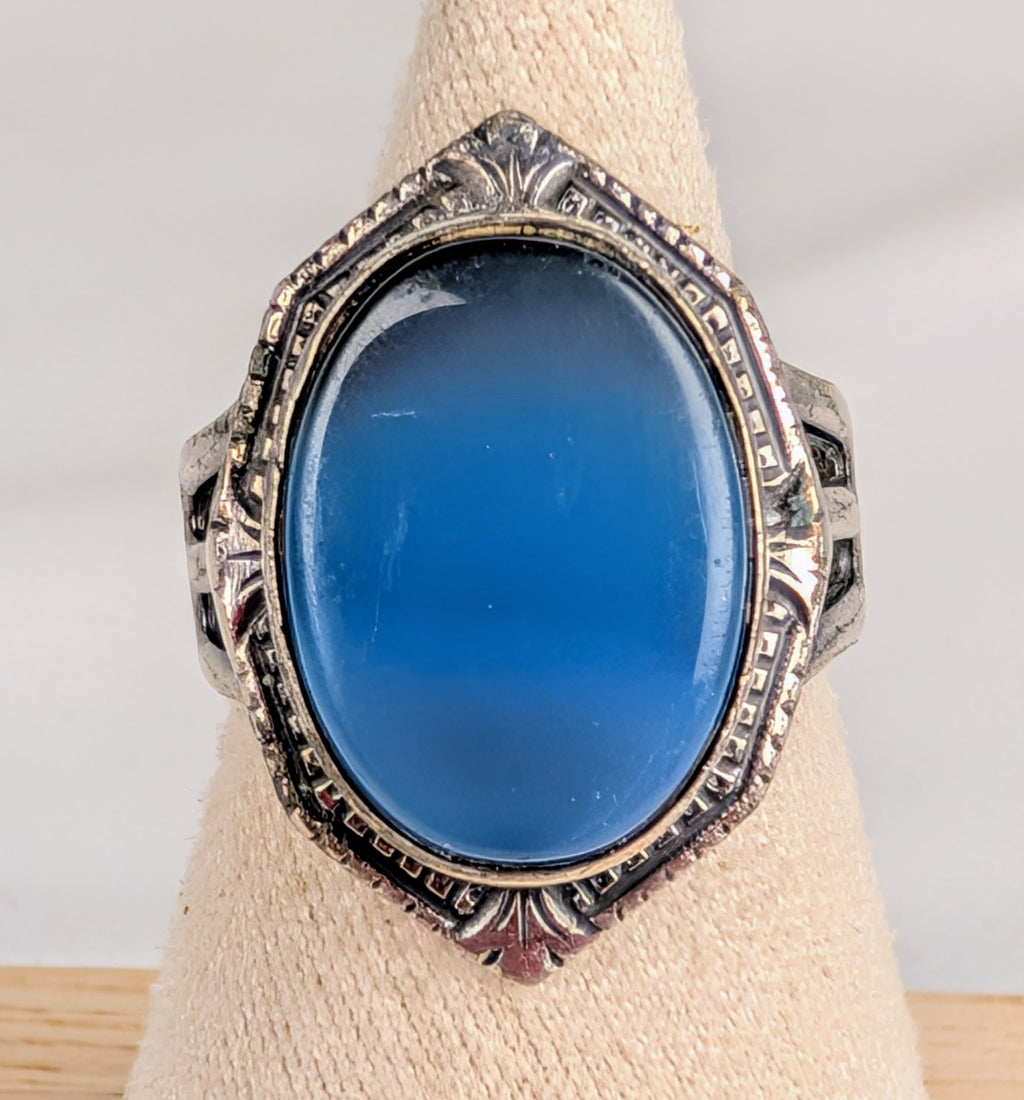 Vintage Sterling Silver Blue Chalcedony Ring Size 5 Art Deco Style Statement Ring