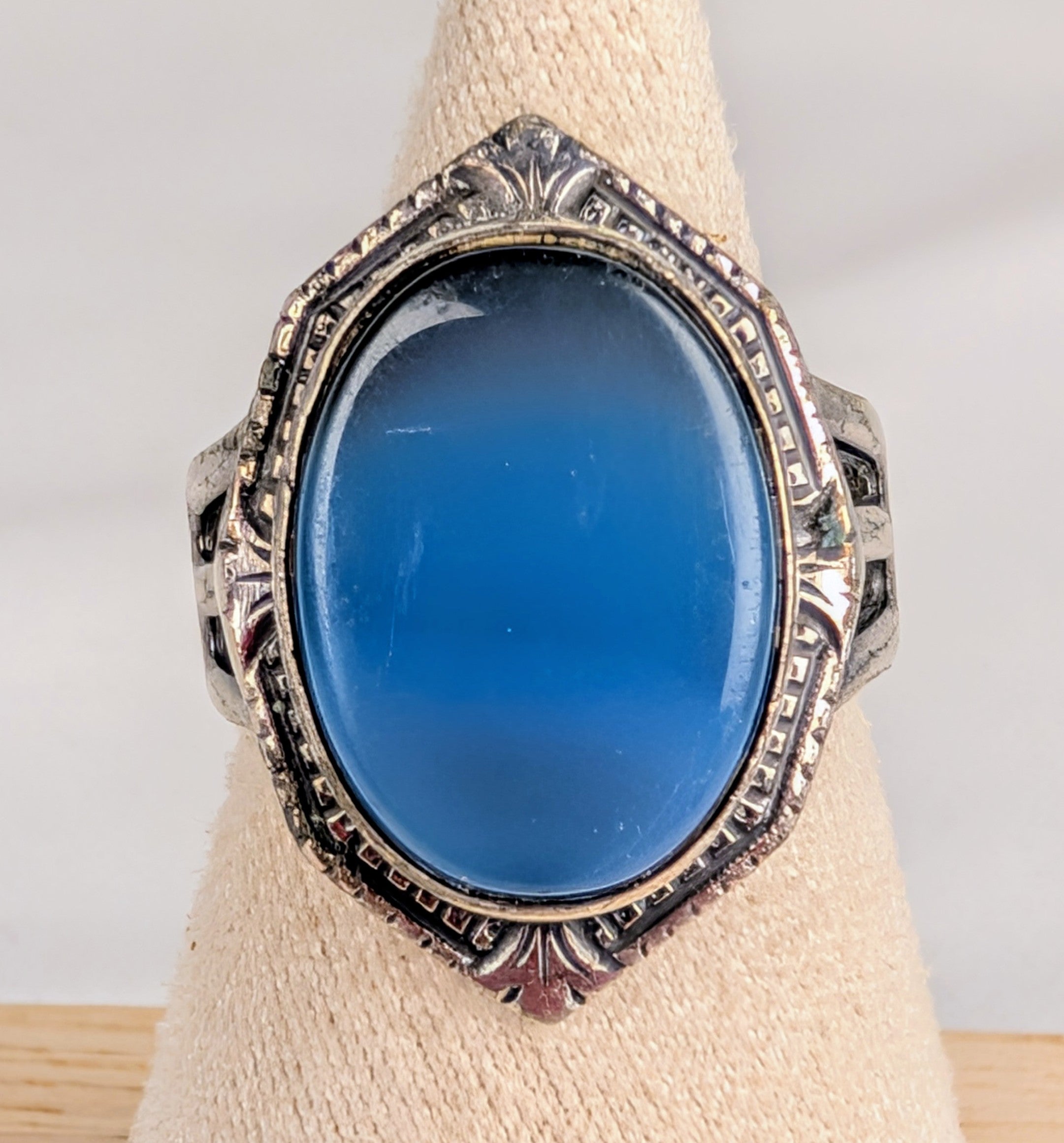 Vintage Sterling Silver Blue Chalcedony Ring Size 5 Art Deco Style Statement Ring