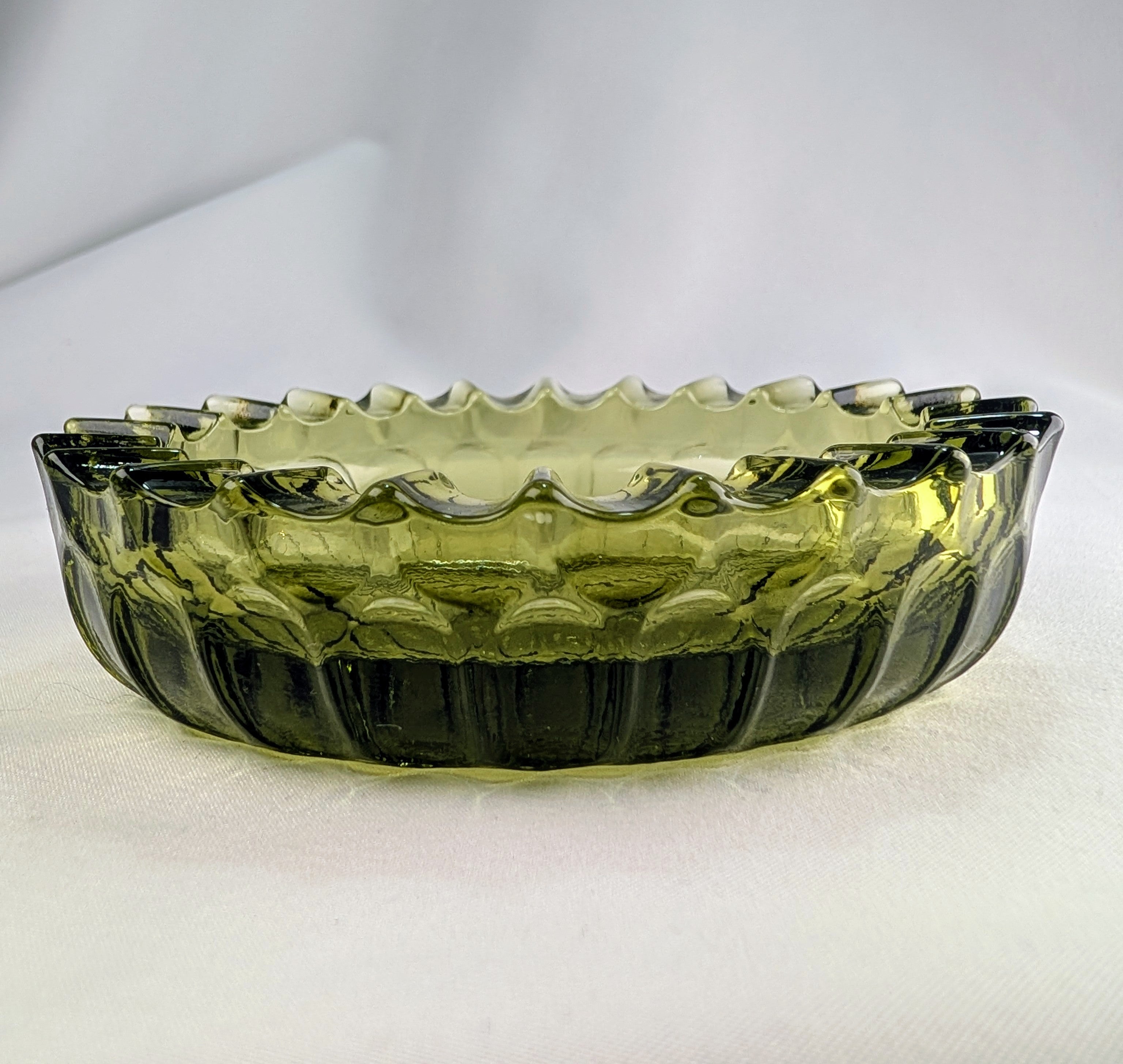 Vintage Olive Green Frostia Style Pressed Glass Trinket Dish Catchall Bowl Ashtray