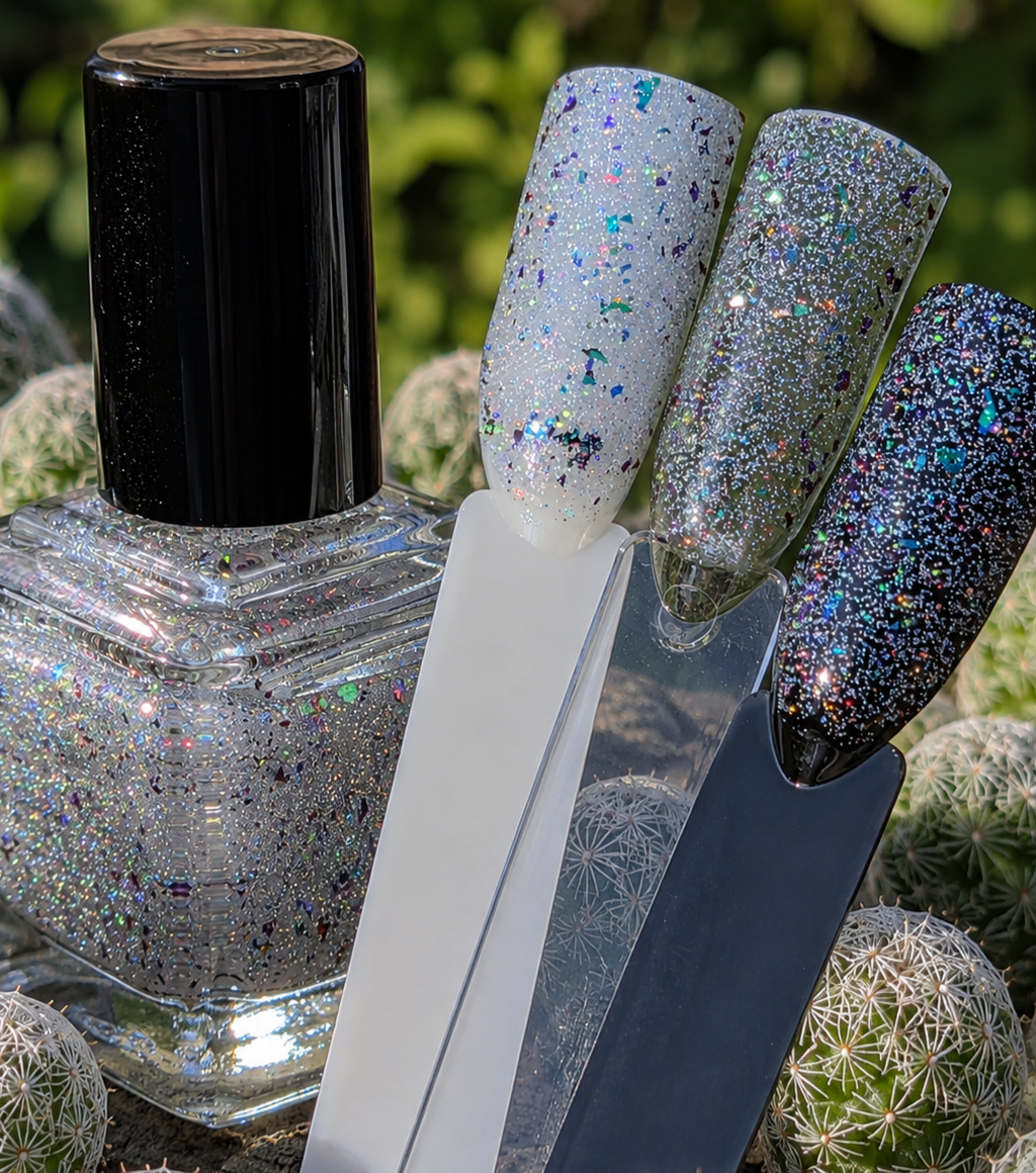 Aetherdust – Silver Holographic Nail Polish with Multichrome Chameleon Flakes | Sheer Buildable Indie Lacquer - Liquid Krystal Co