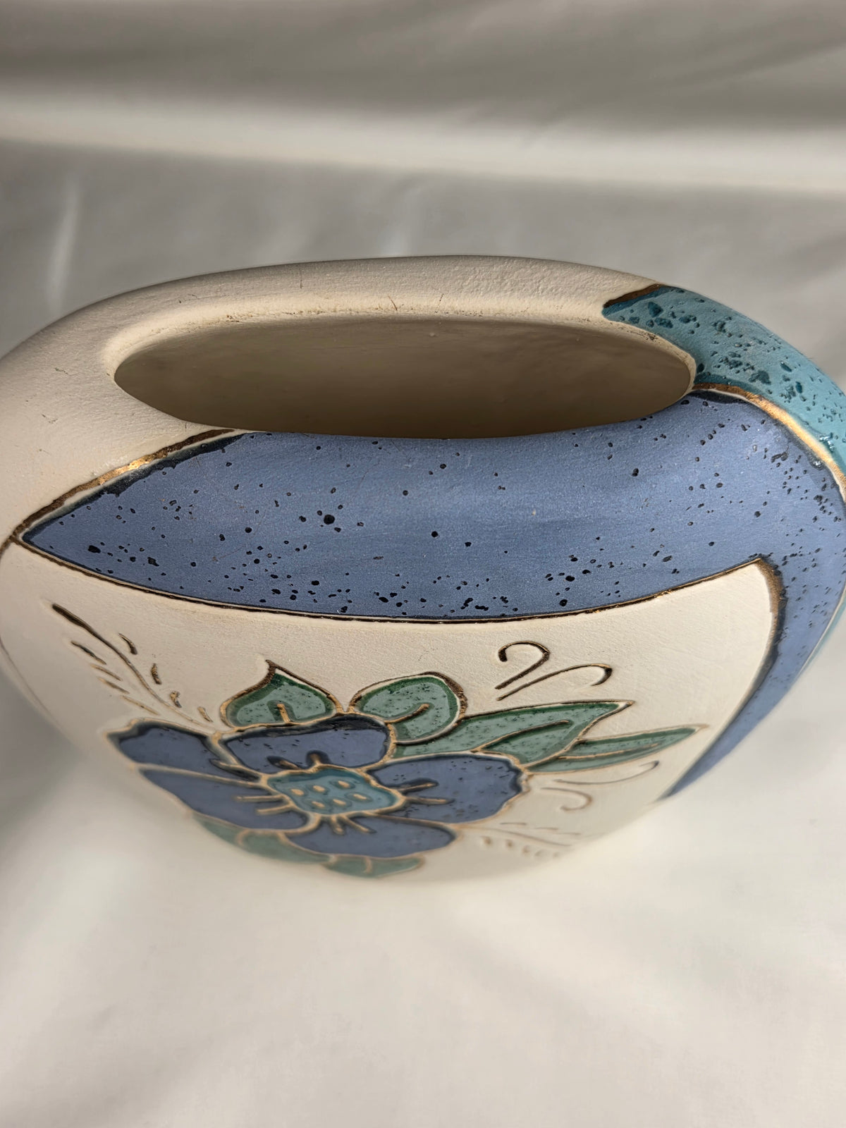 Vintage Artist-Signed Studio Pottery Floral Vase Blue Green Gold Ceramic