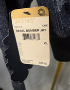 Y2K Akademiks Cropped Denim Bomber Jacket – Embroidered Buckle Detail Zip-Up