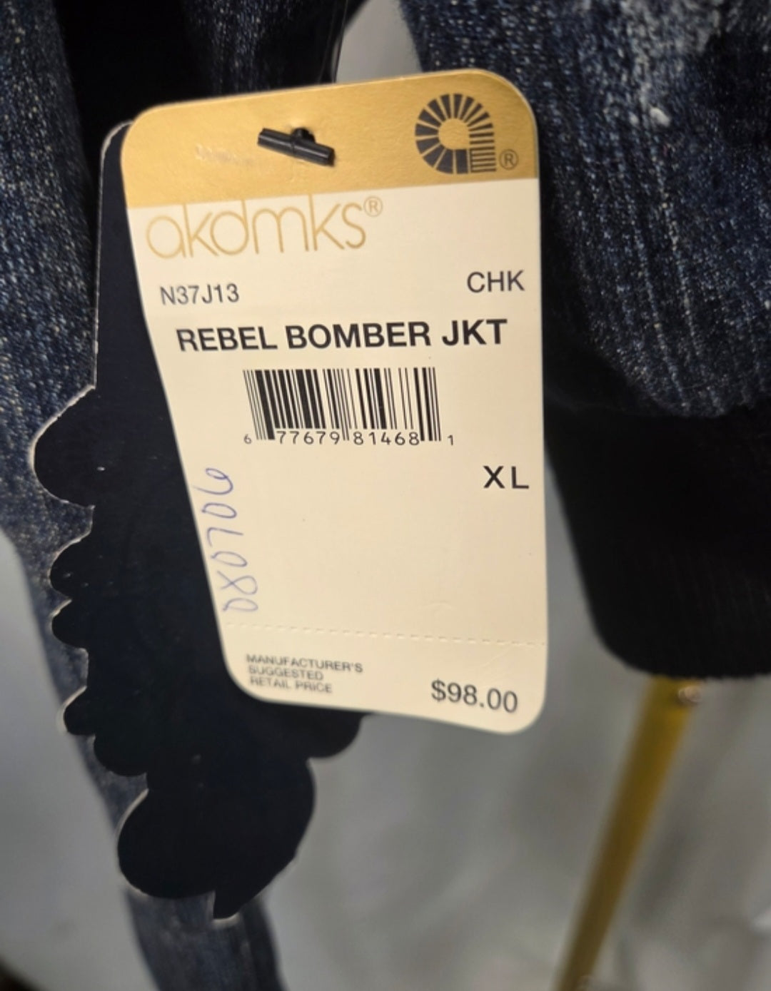 Y2K Akademiks Cropped Denim Bomber Jacket – Embroidered Buckle Detail Zip-Up