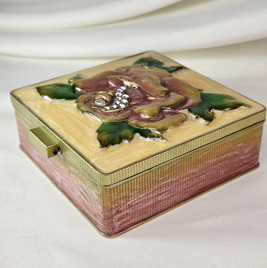 Ornate Floral Enamel Mirrored Jewelry Box Raised Rose Rhinestones Gold Tone Jay Strongwater Style 4"