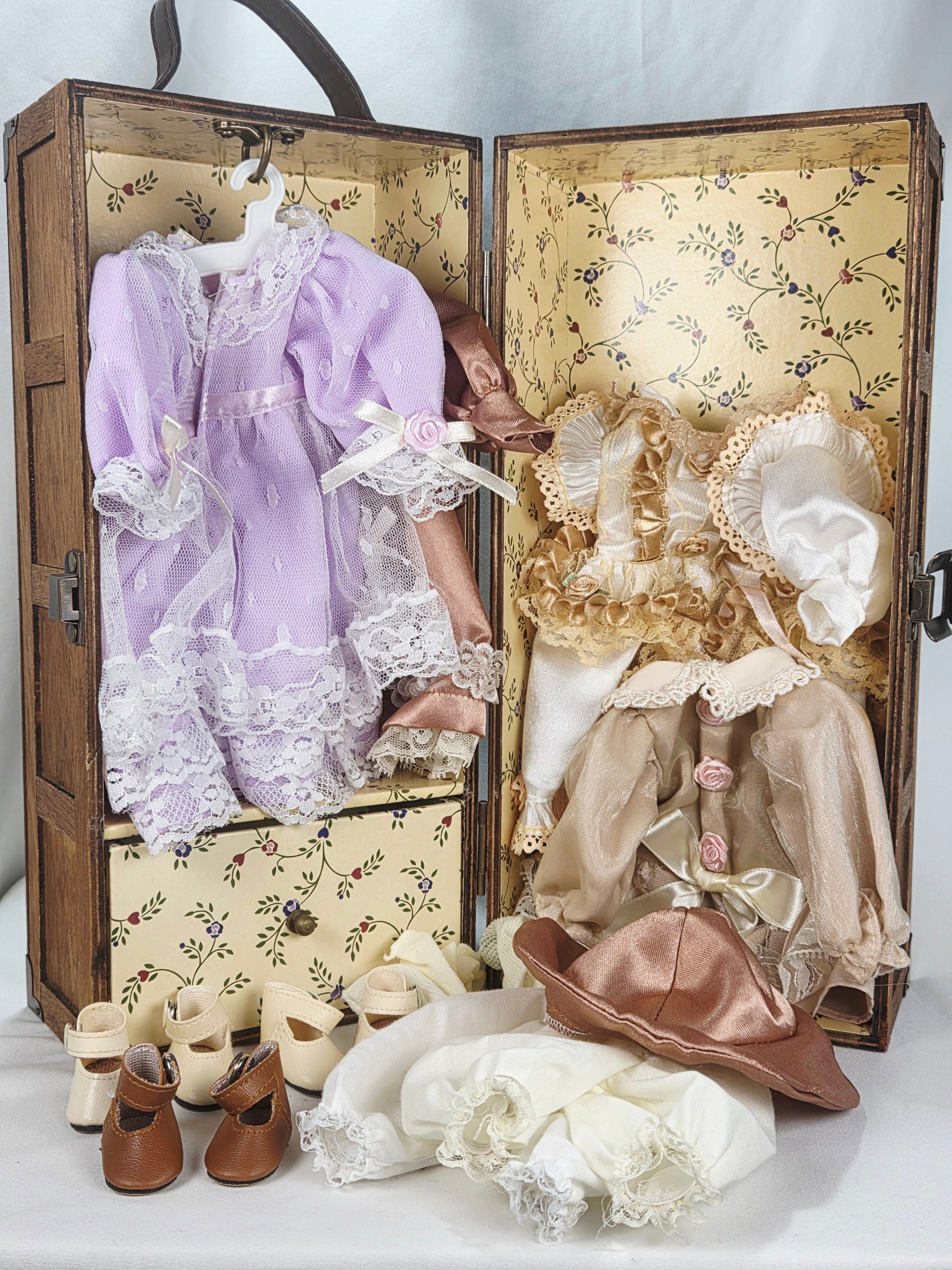 Vintage Doll Wooden Wardrobe Travel Trunk w/ Multiple Dresses, Shoes & Accessories Set - Possibly Trudy Travels