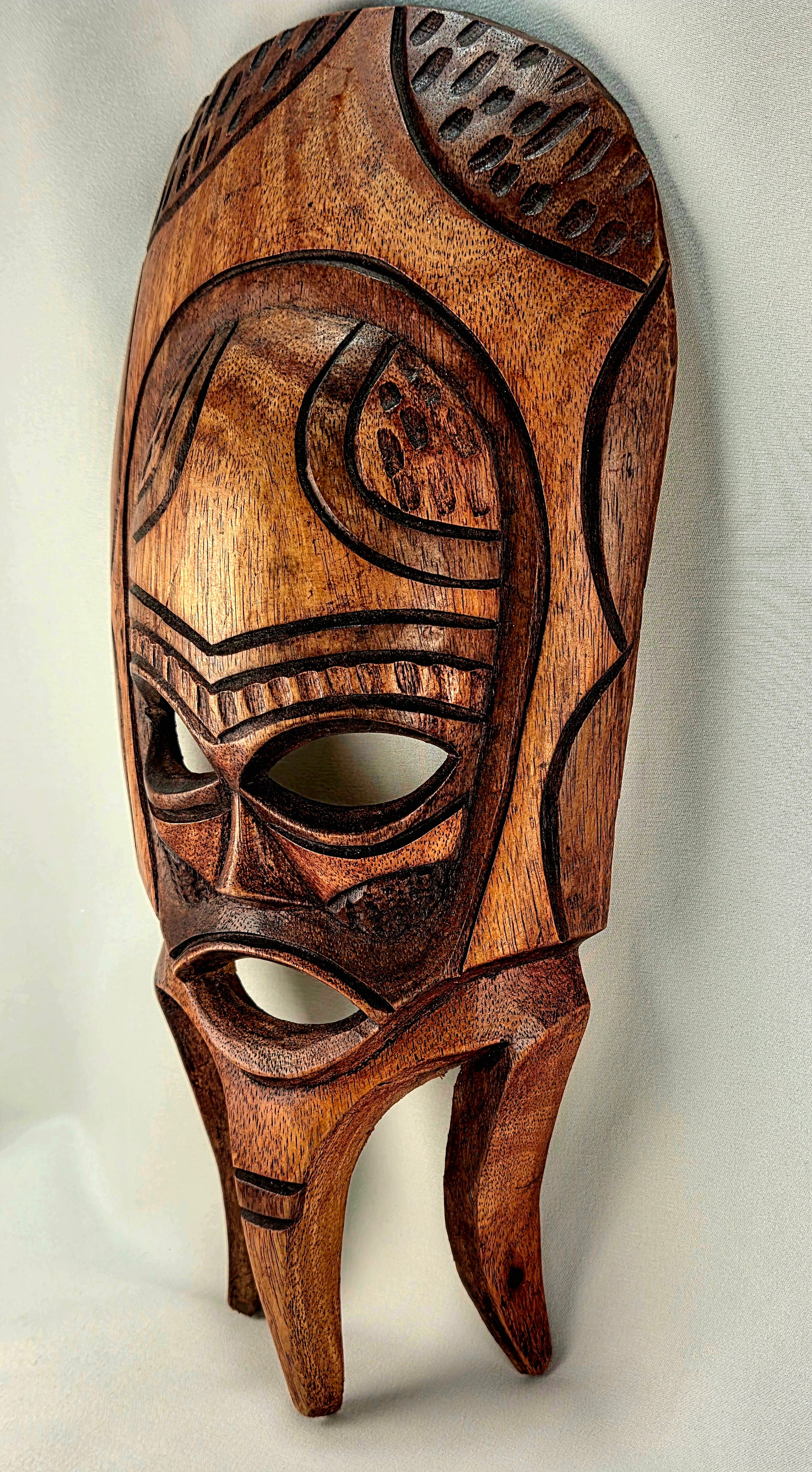 Hand Carved Wooden Tribal Wall Mask 14" Folk Art Decorative Wall Hanging Vintage