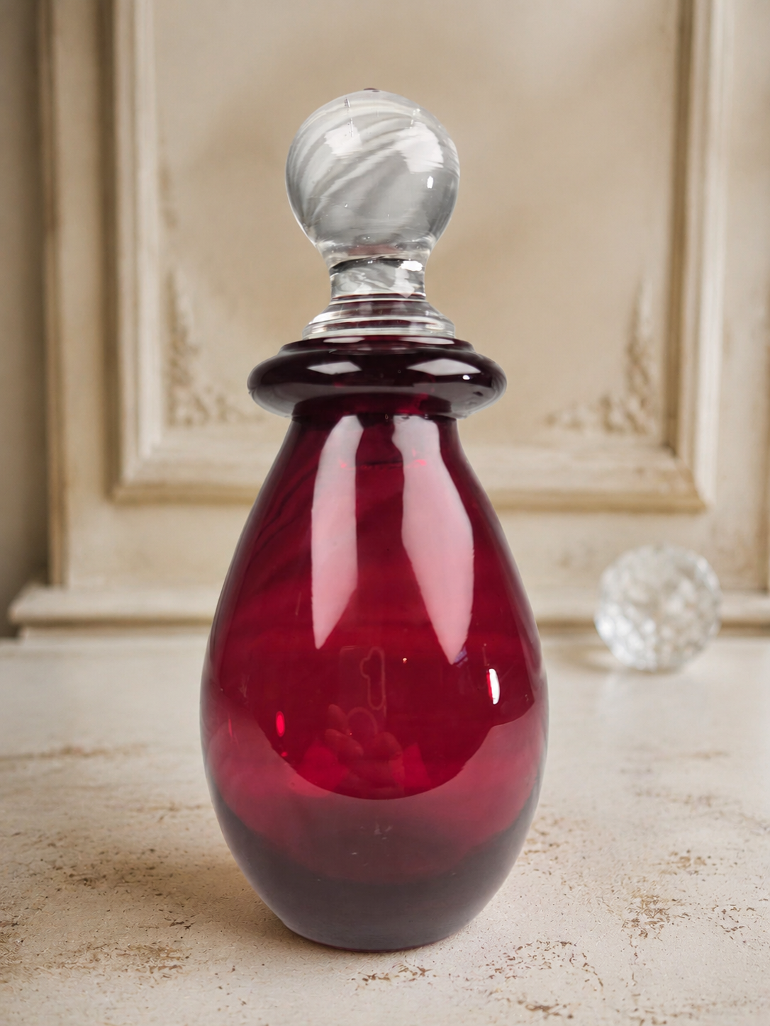Vintage Ruby Red Art Glass Perfume Bottle with Clear Ball Stopper