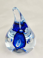 Signed AJ Blue Art Glass Teardrop Paperweight — Cobalt Core Handblown Studio Glass Sculpture -6.5"
