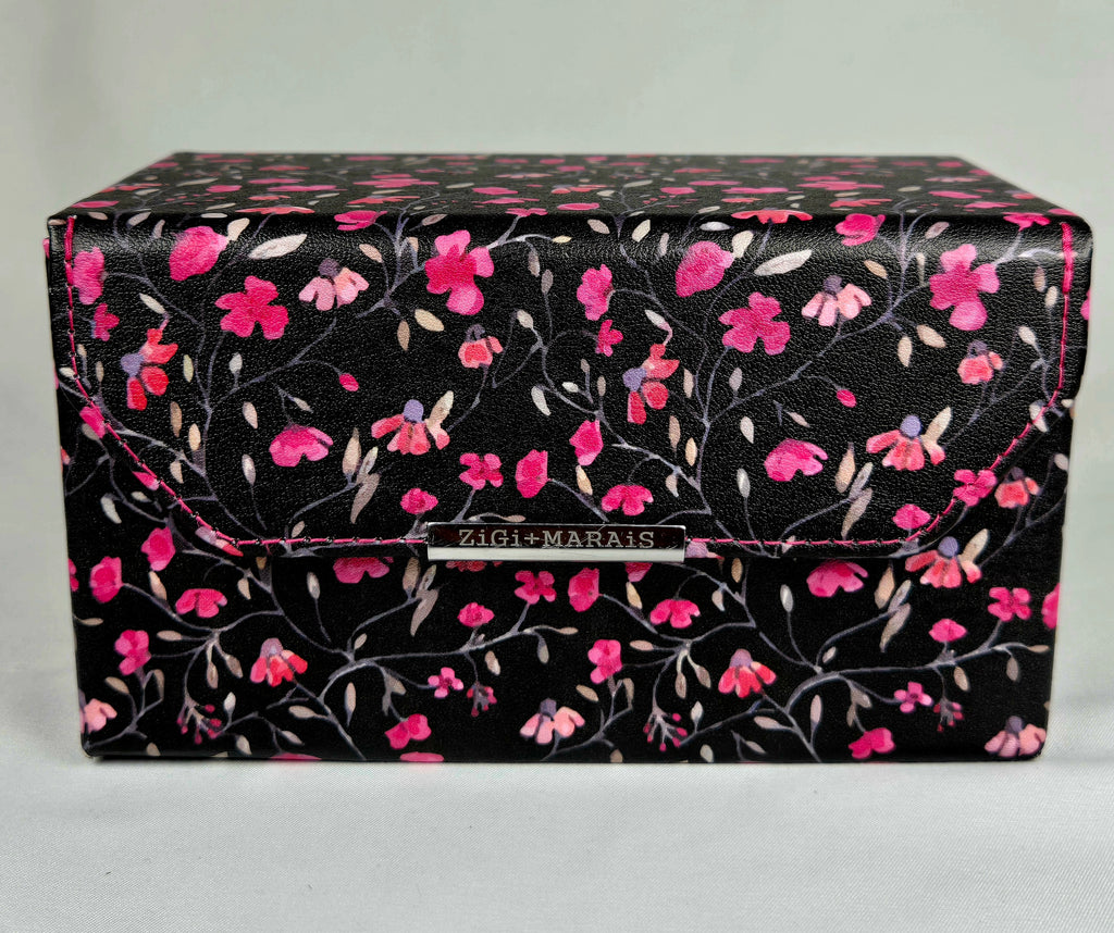 Zigi + Marais Floral Hard Shell Eyeglass Case | Holds 4 Pairs | Hot Pink Velvet Interior